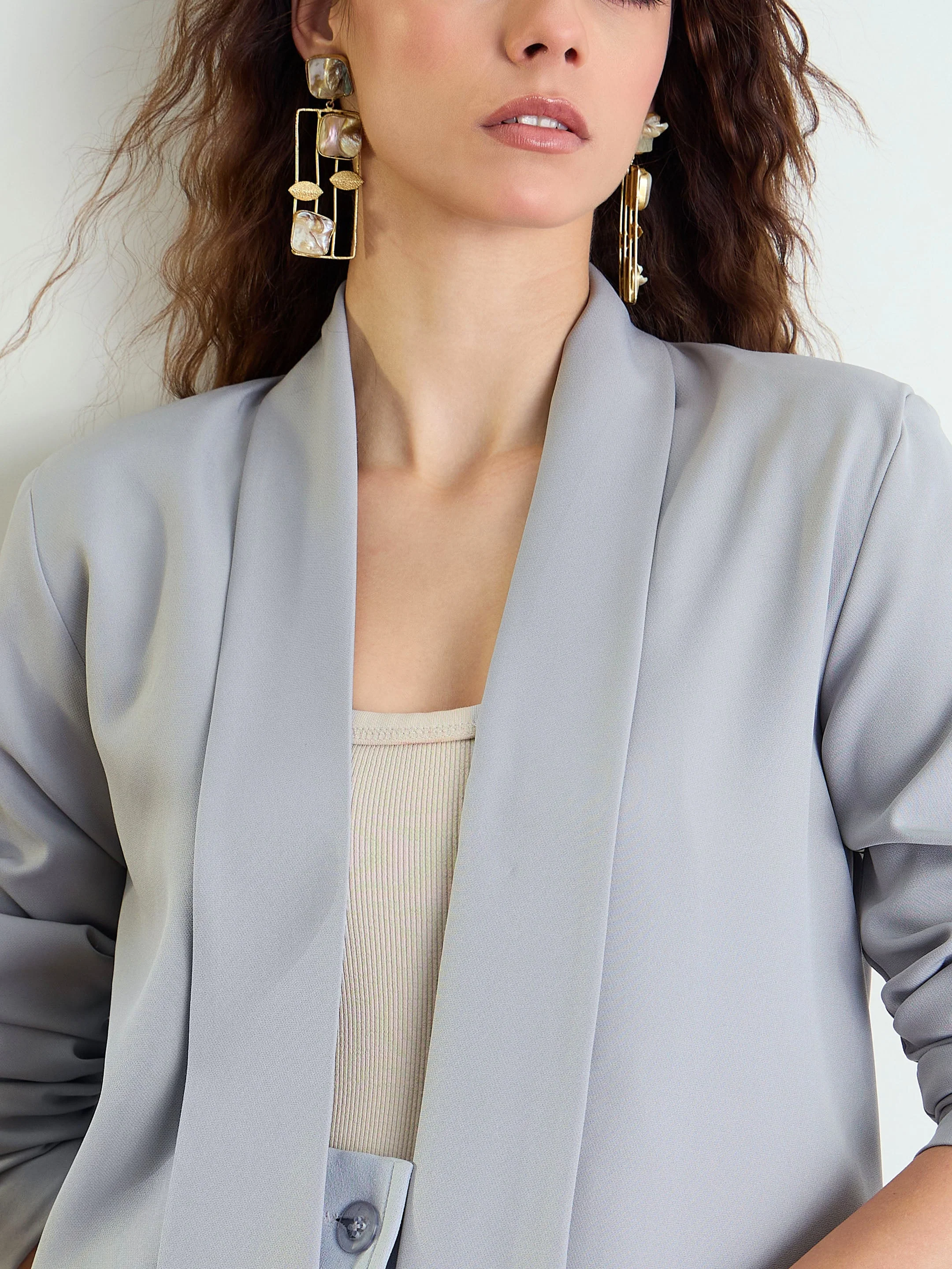 Women Grey Lapel Collar Front Open Blazer - Image 3