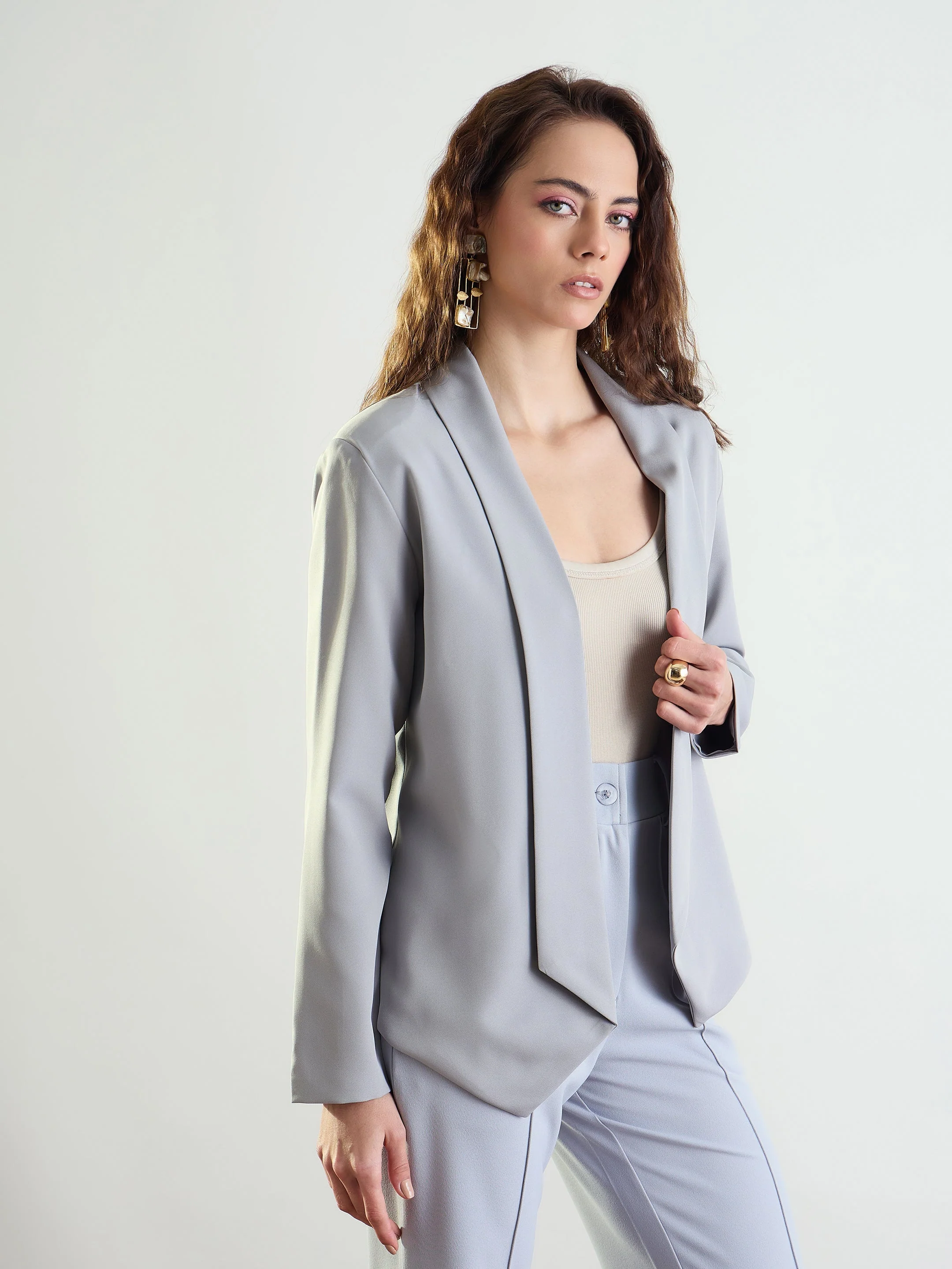 Women Grey Lapel Collar Front Open Blazer - Image 4