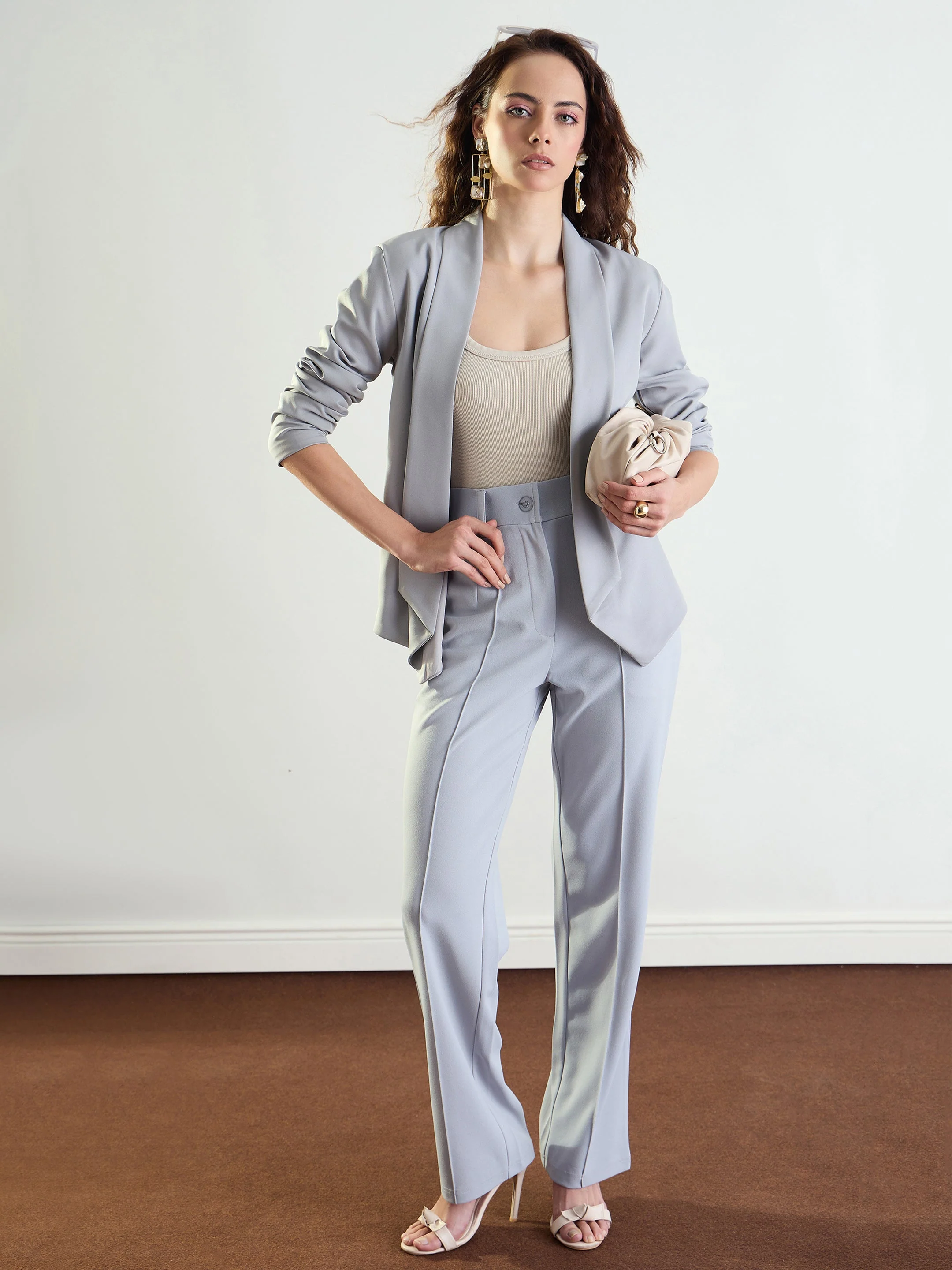 Women Grey Lapel Collar Front Open Blazer - Image 5