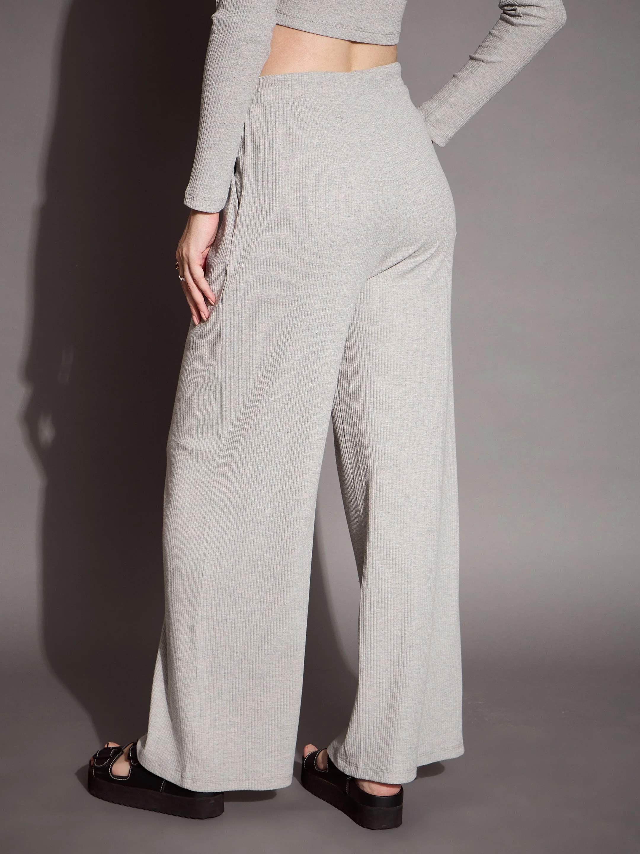 Women Grey Melange Rib Drawstring Pants - Image 5