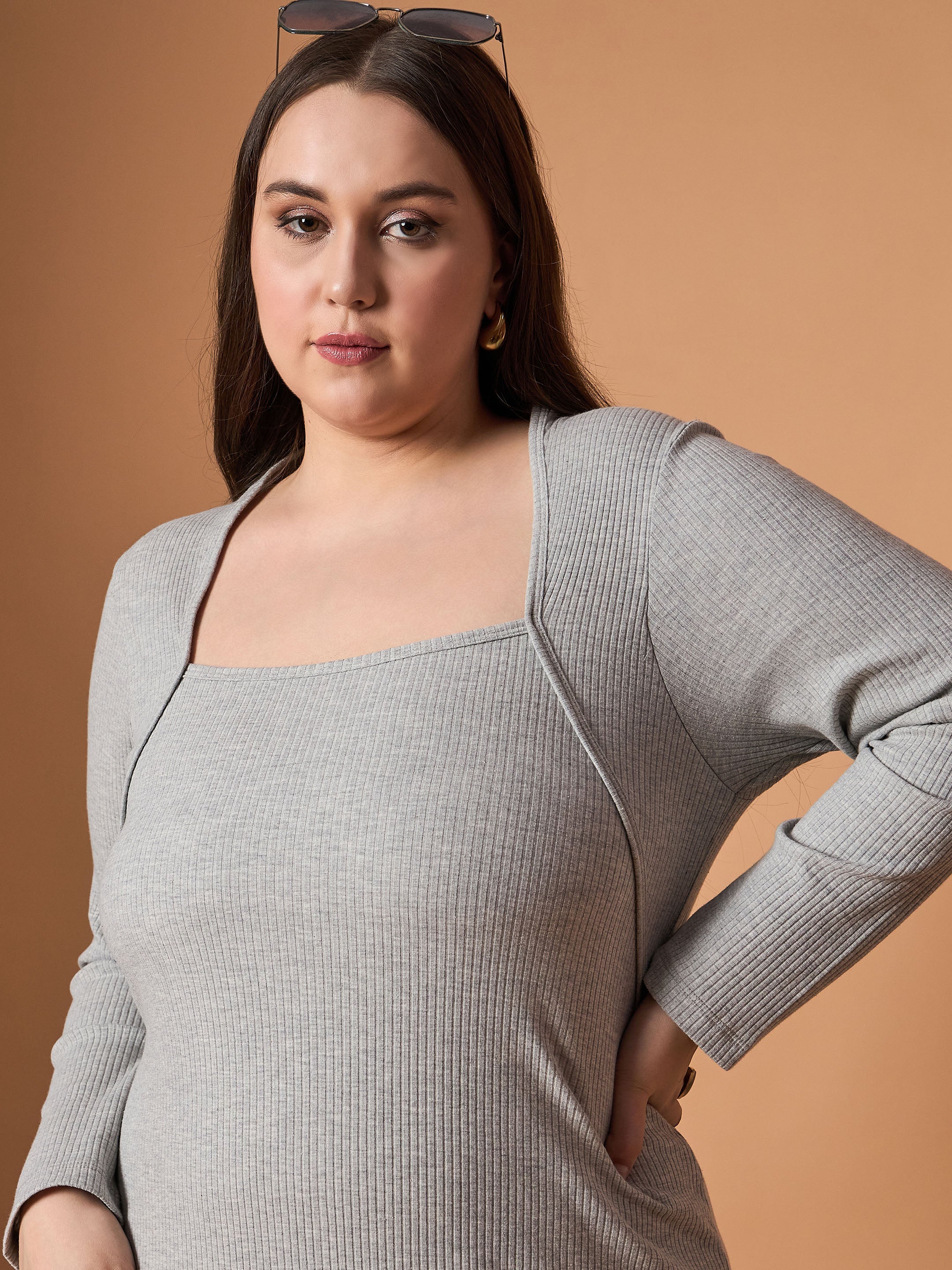 Women Grey Melange Rib Full Sleeves Midi Dress - Image 4