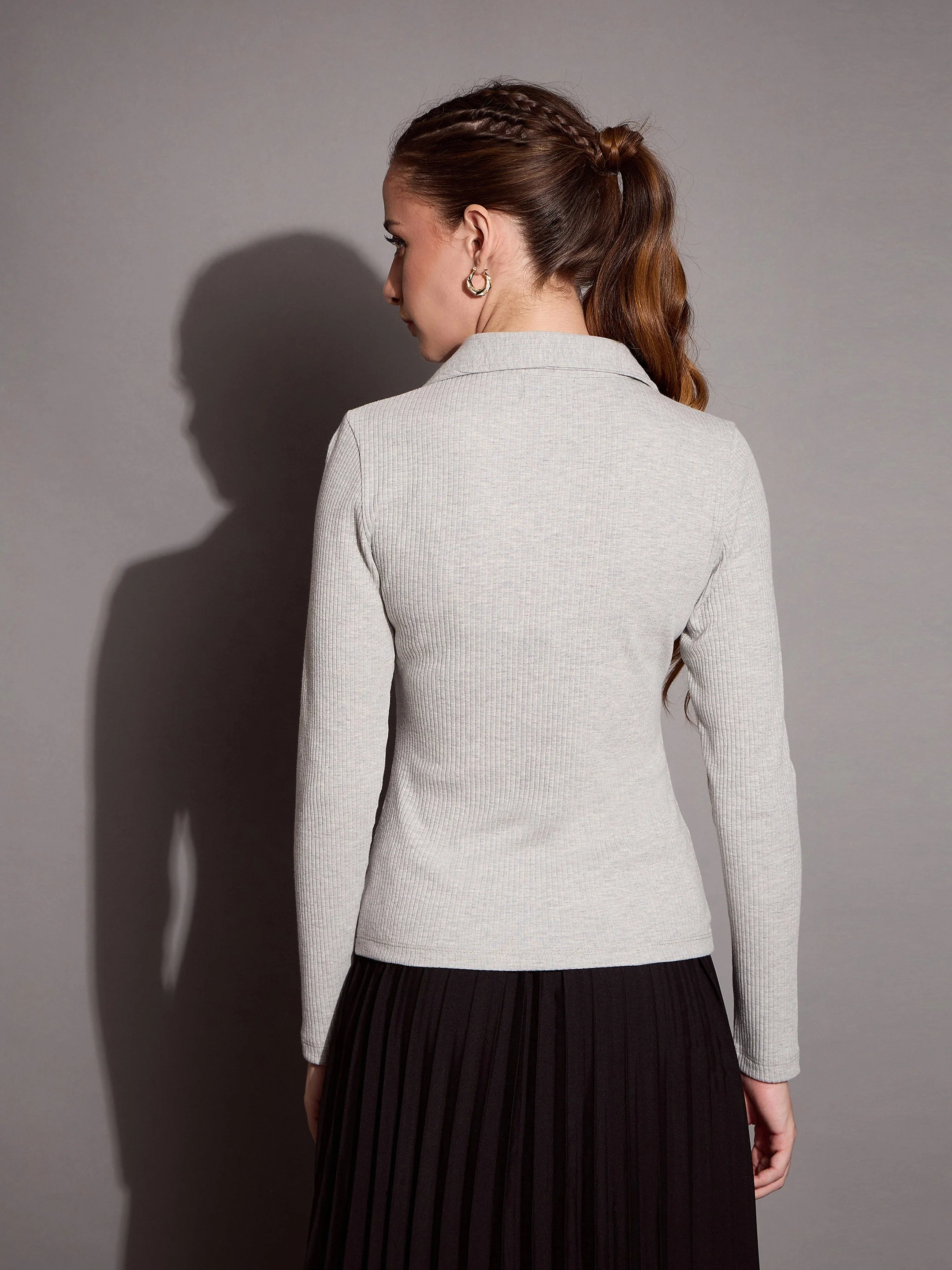 Women Grey Melange Rib Polo Neck Top - Image 2