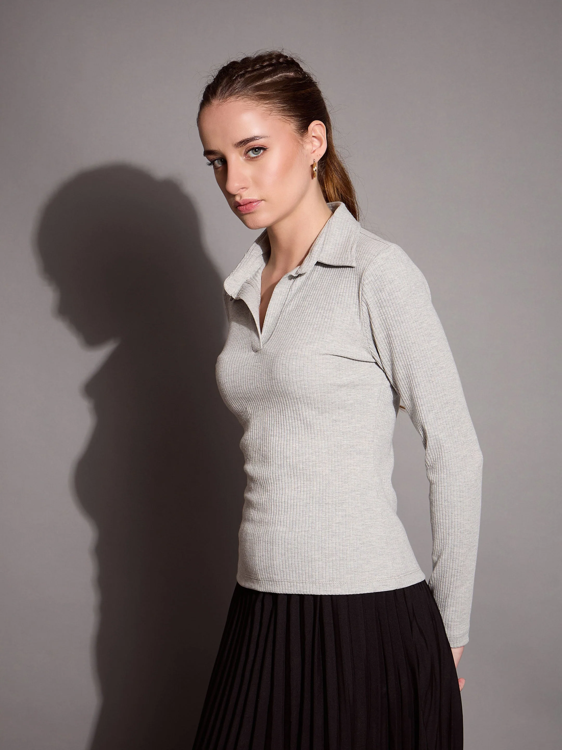 Women Grey Melange Rib Polo Neck Top - Image 4