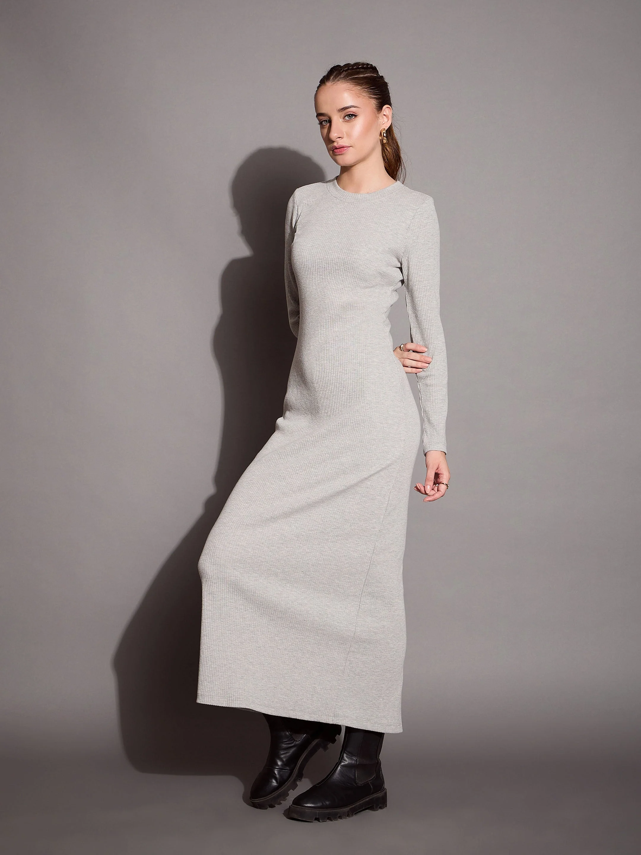 Women Grey Melange Ribbed Bodycon Maxi Dress - Image 3