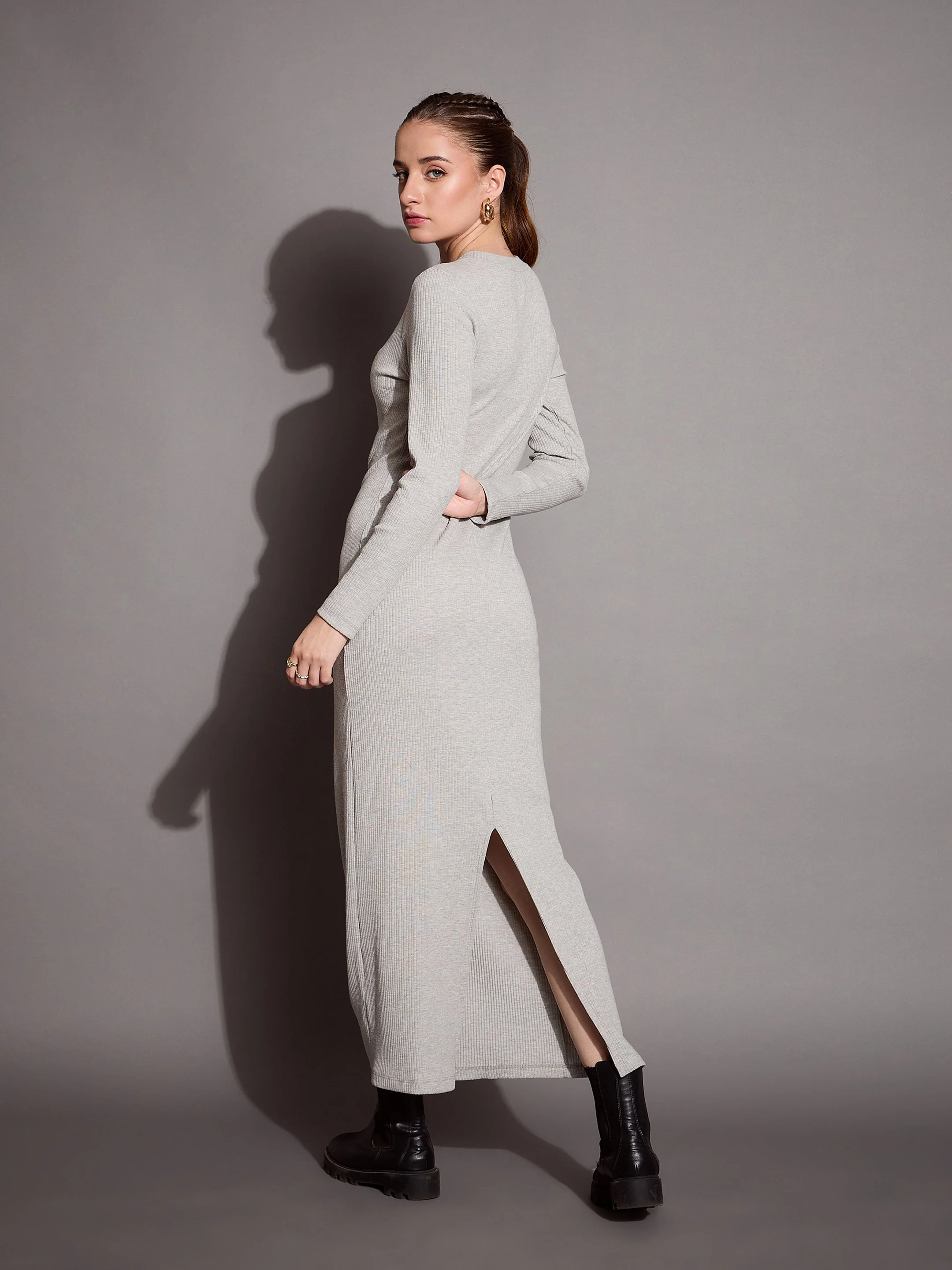Women Grey Melange Ribbed Bodycon Maxi Dress - Image 5