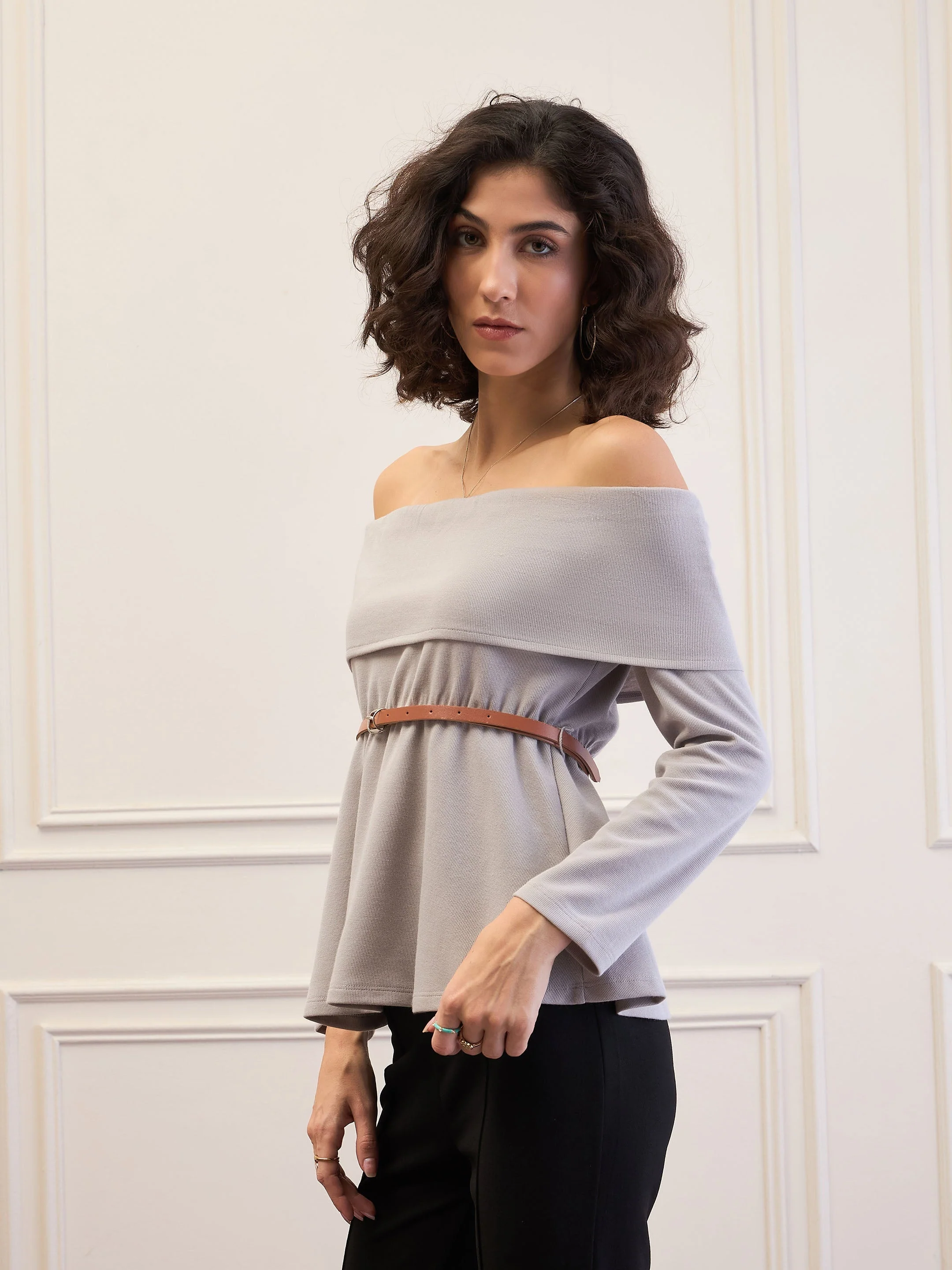 Women Grey Off-Shoulder Belted Peplum Top - Image 3