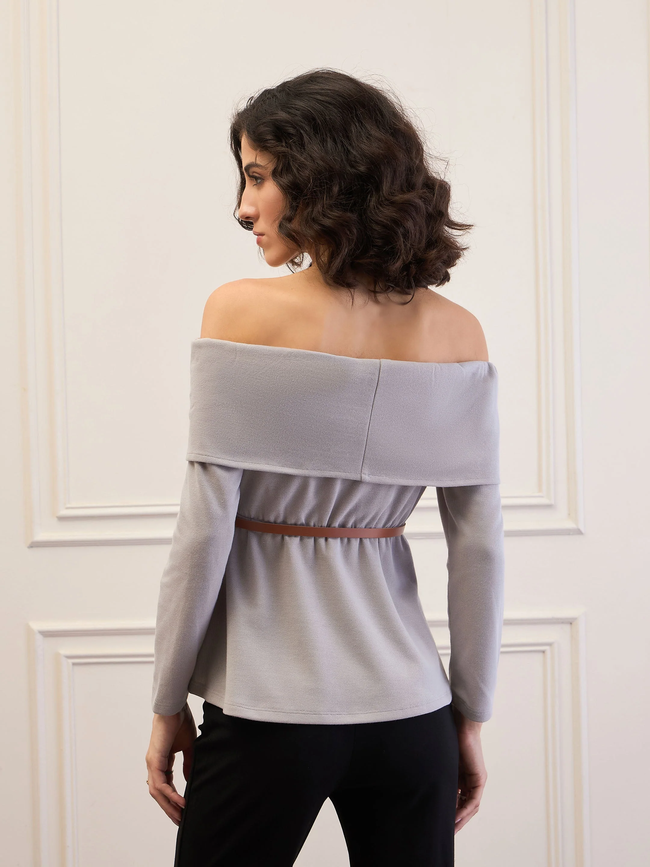 Women Grey Off-Shoulder Belted Peplum Top - Image 5