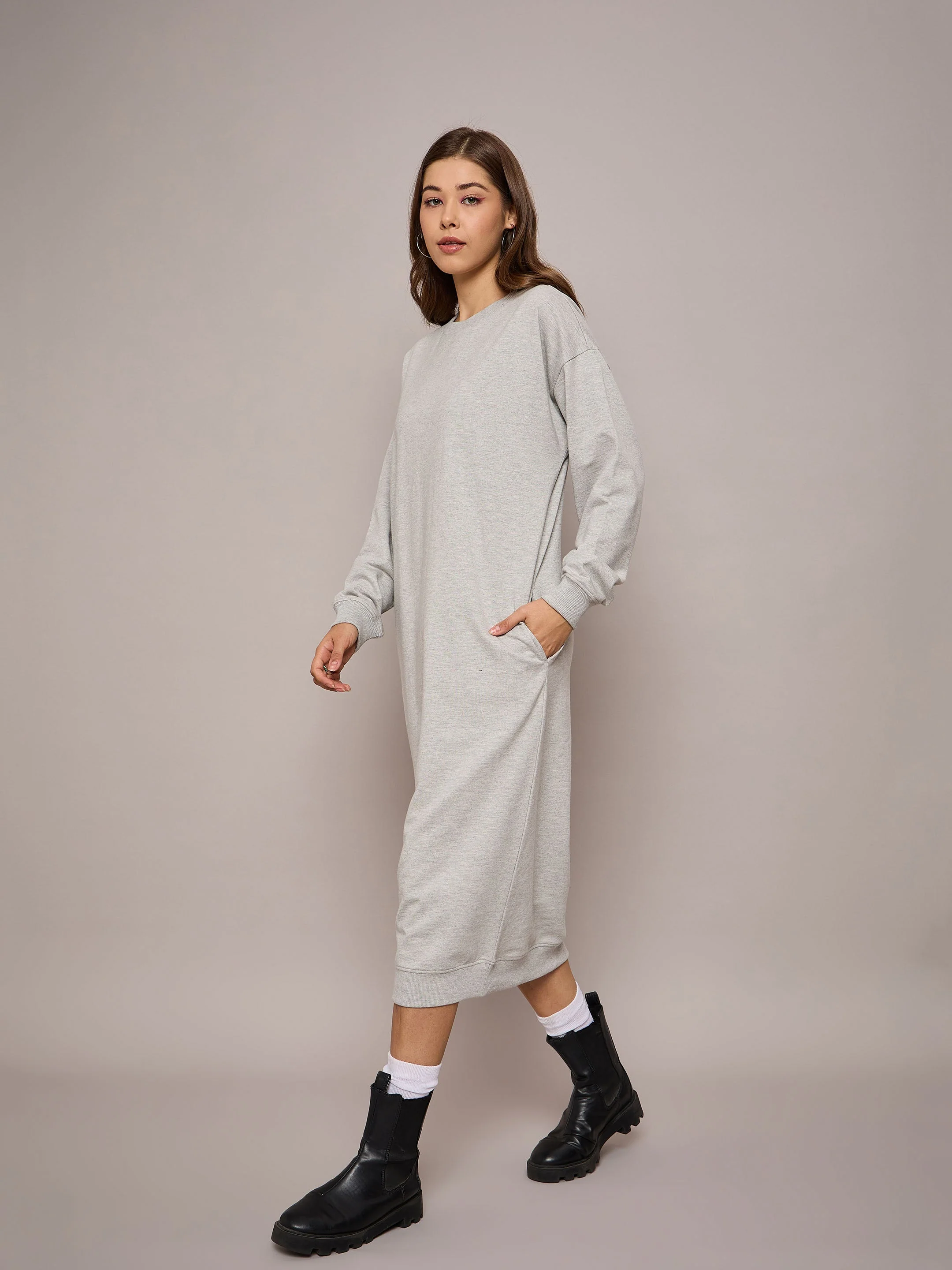 Women Grey Oversized Midi Sweat Dress - Image 3