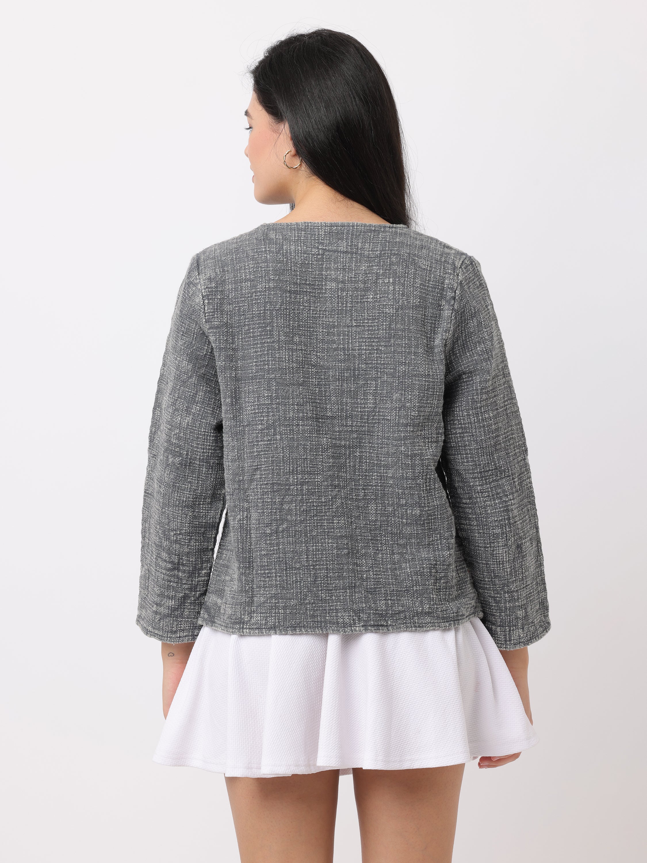 Women Grey Regular Fit Textured Jacket - Image 4