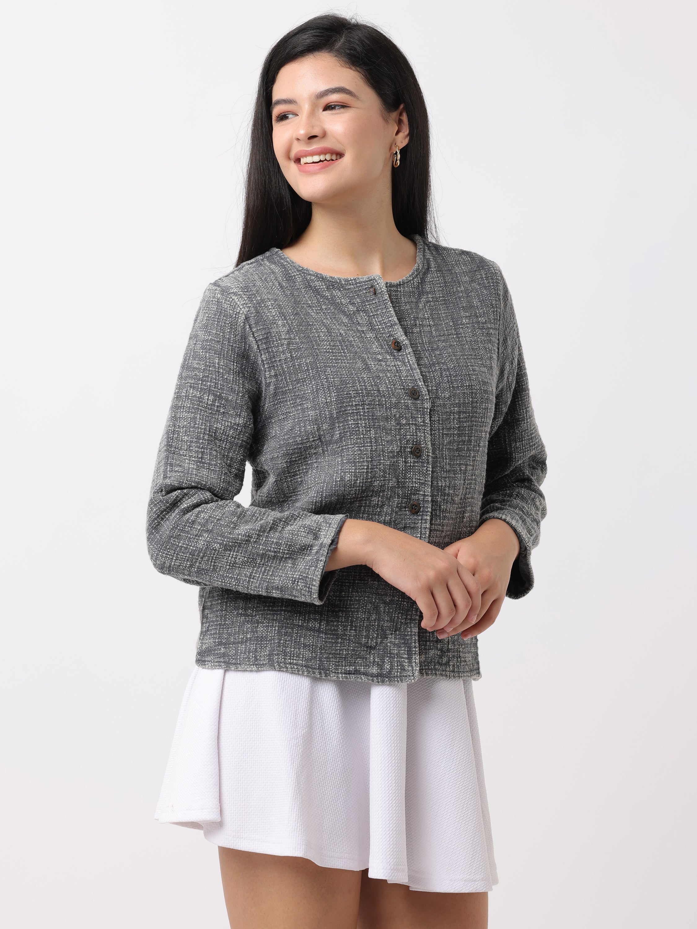Women Grey Regular Fit Textured Jacket - Image 5