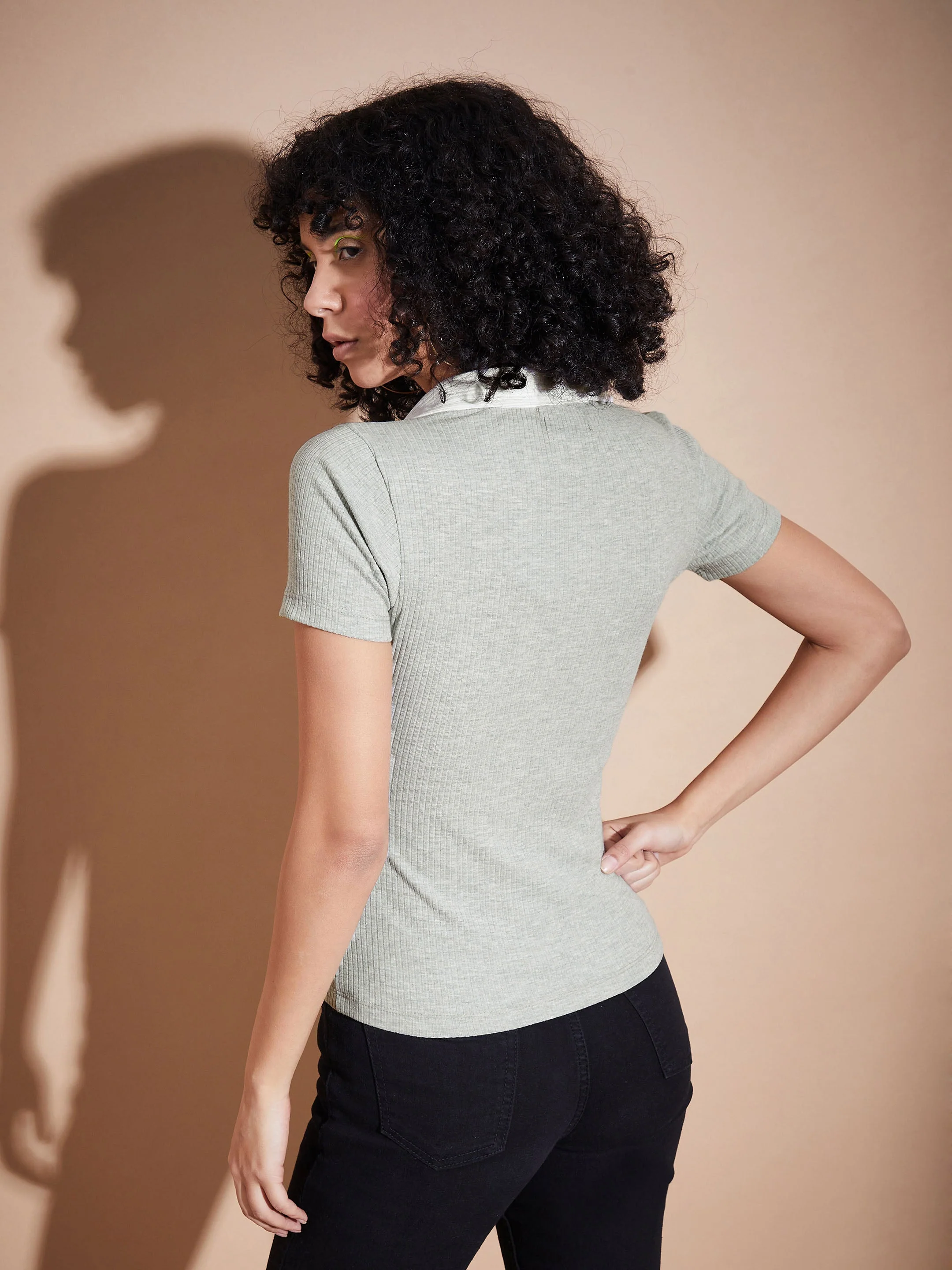 Women Grey Rib Contrast Polo Neck Top - Image 2