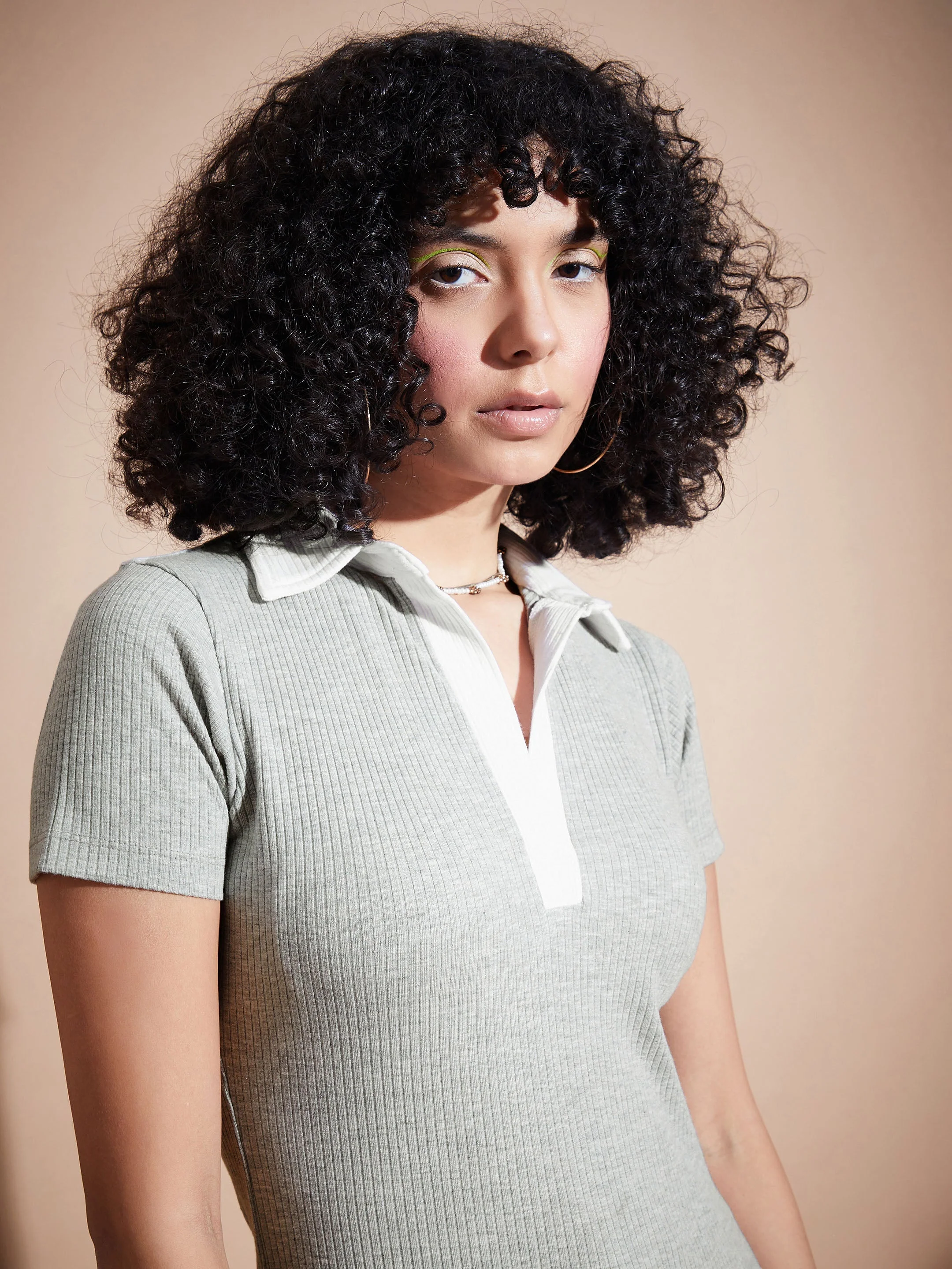Women Grey Rib Contrast Polo Neck Top - Image 3