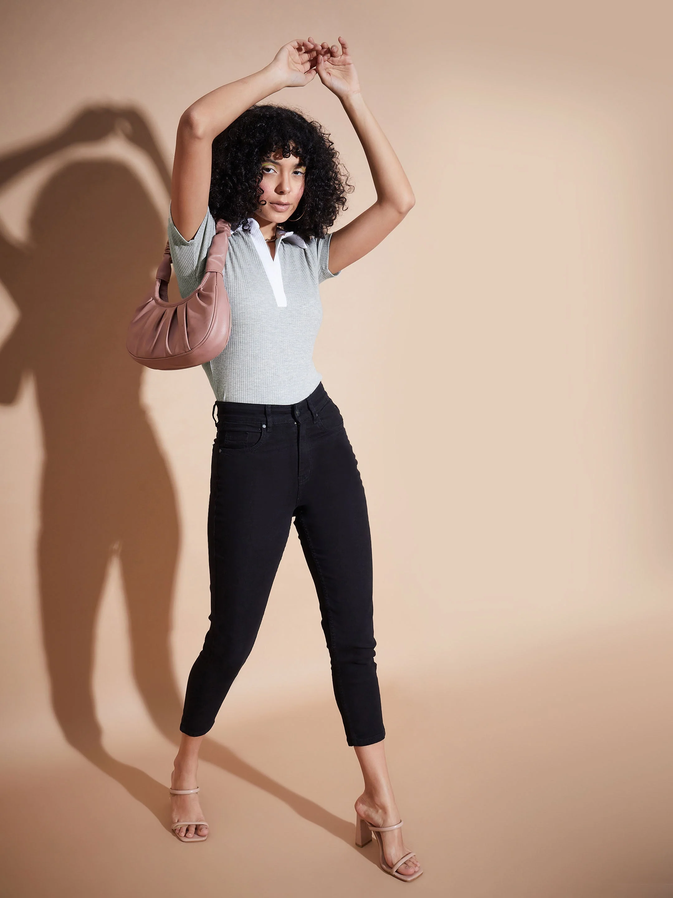 Women Grey Rib Contrast Polo Neck Top - Image 4