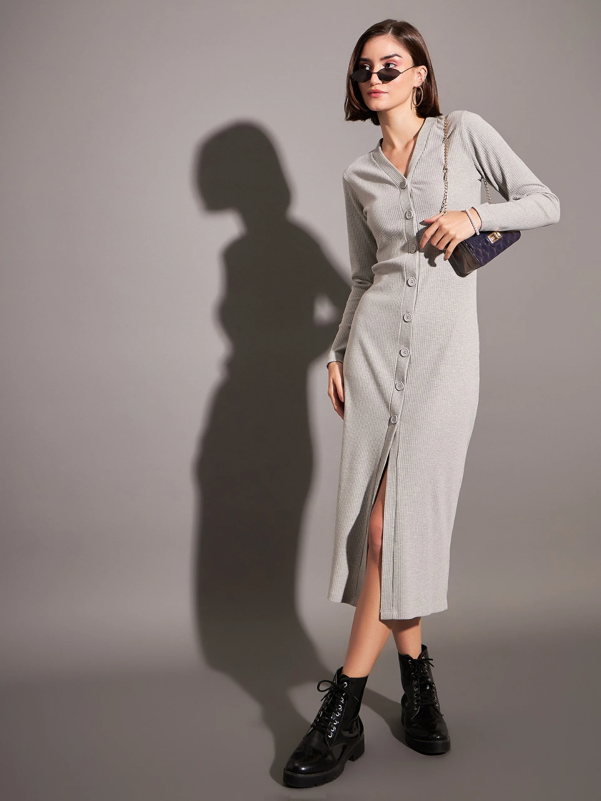 Women Grey Rib Front Button Midi Dress - Image 2