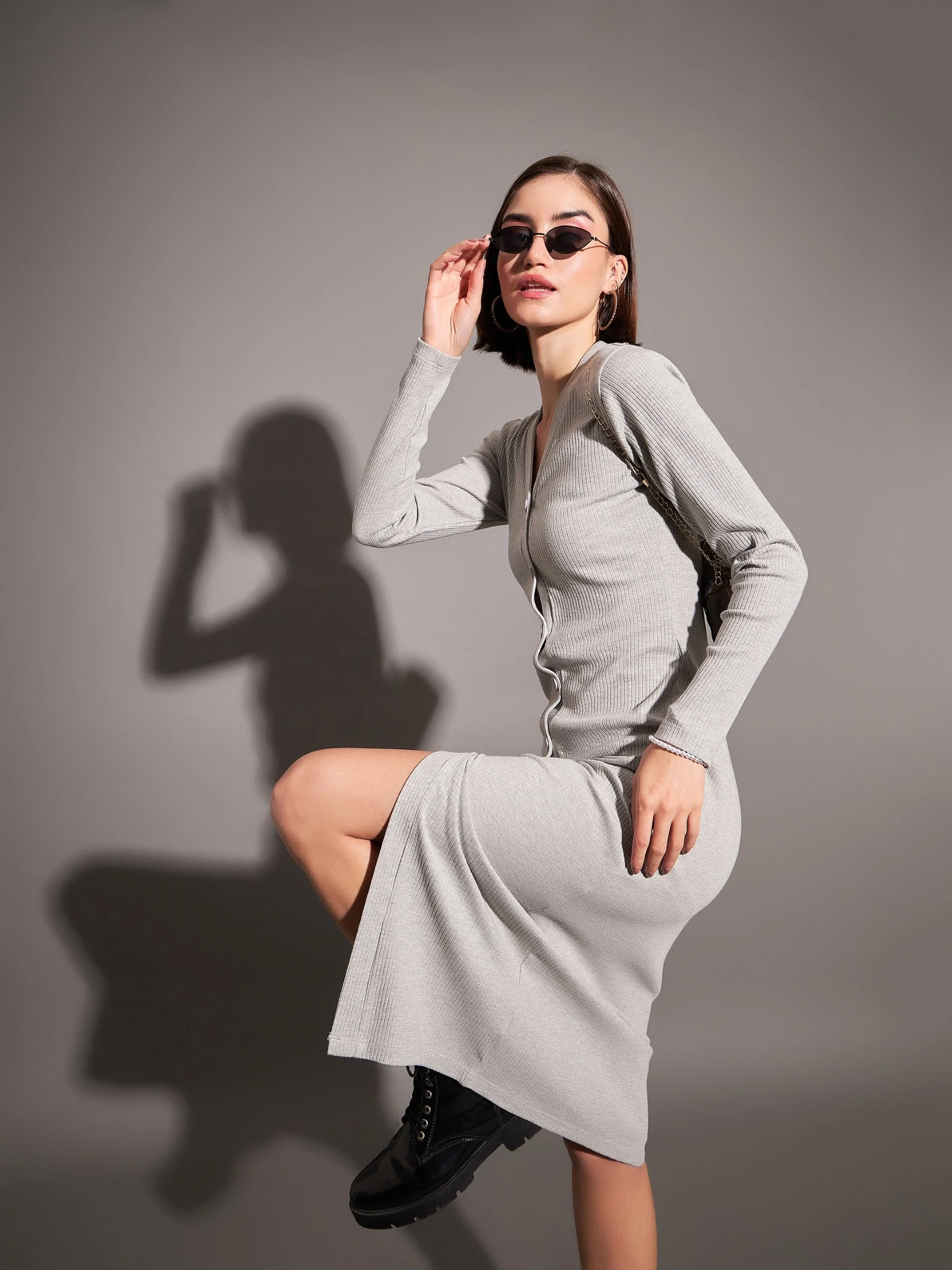 Women Grey Rib Front Button Midi Dress - Image 3