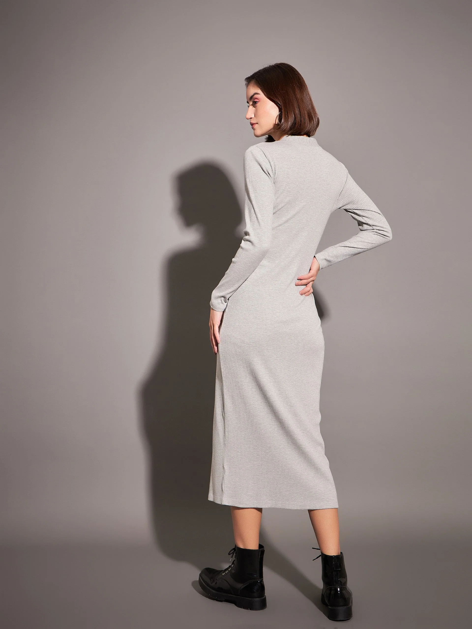 Women Grey Rib Front Button Midi Dress - Image 5