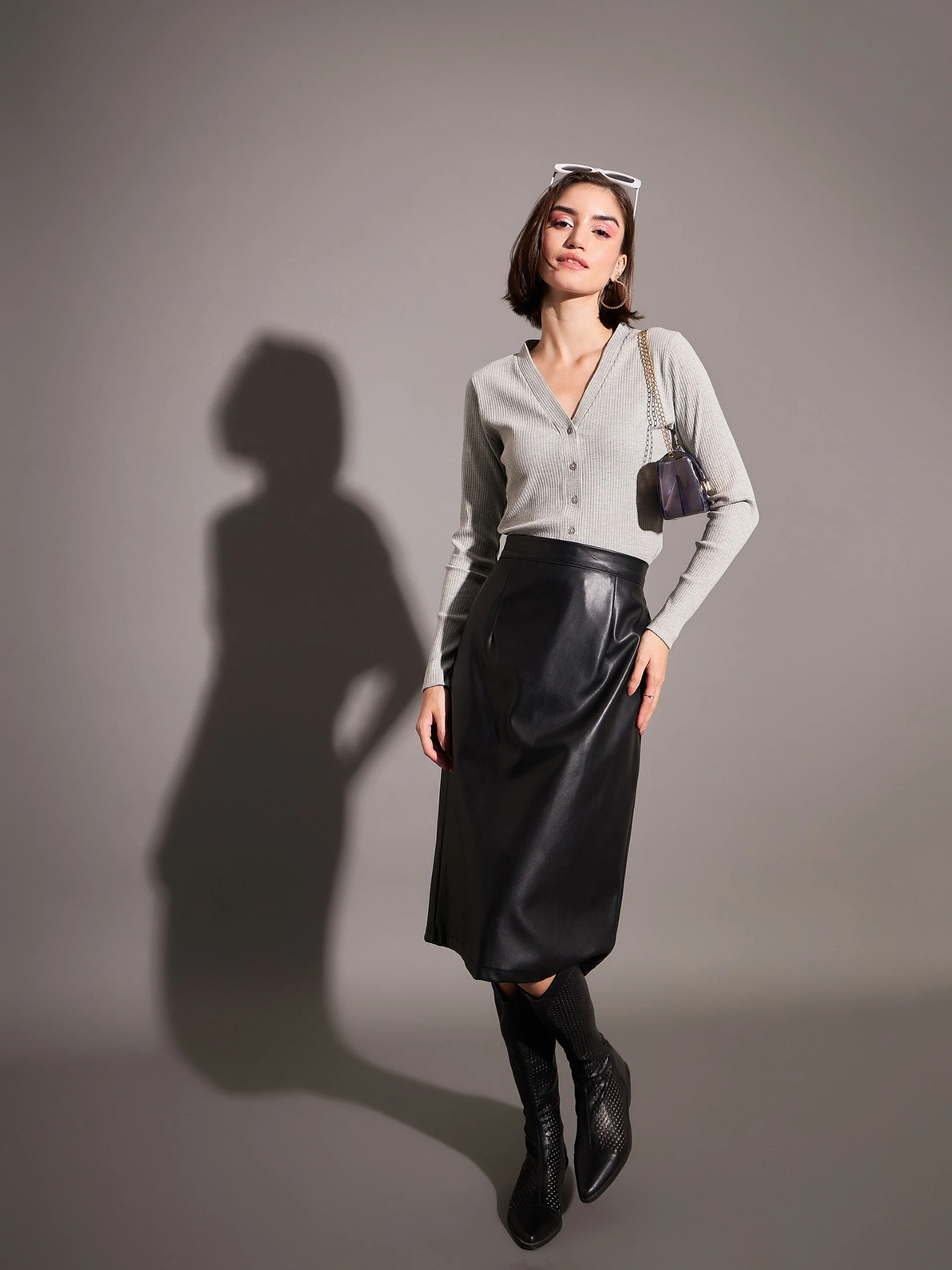 Women Grey Rib Front Open Cardigan Top - Image 5