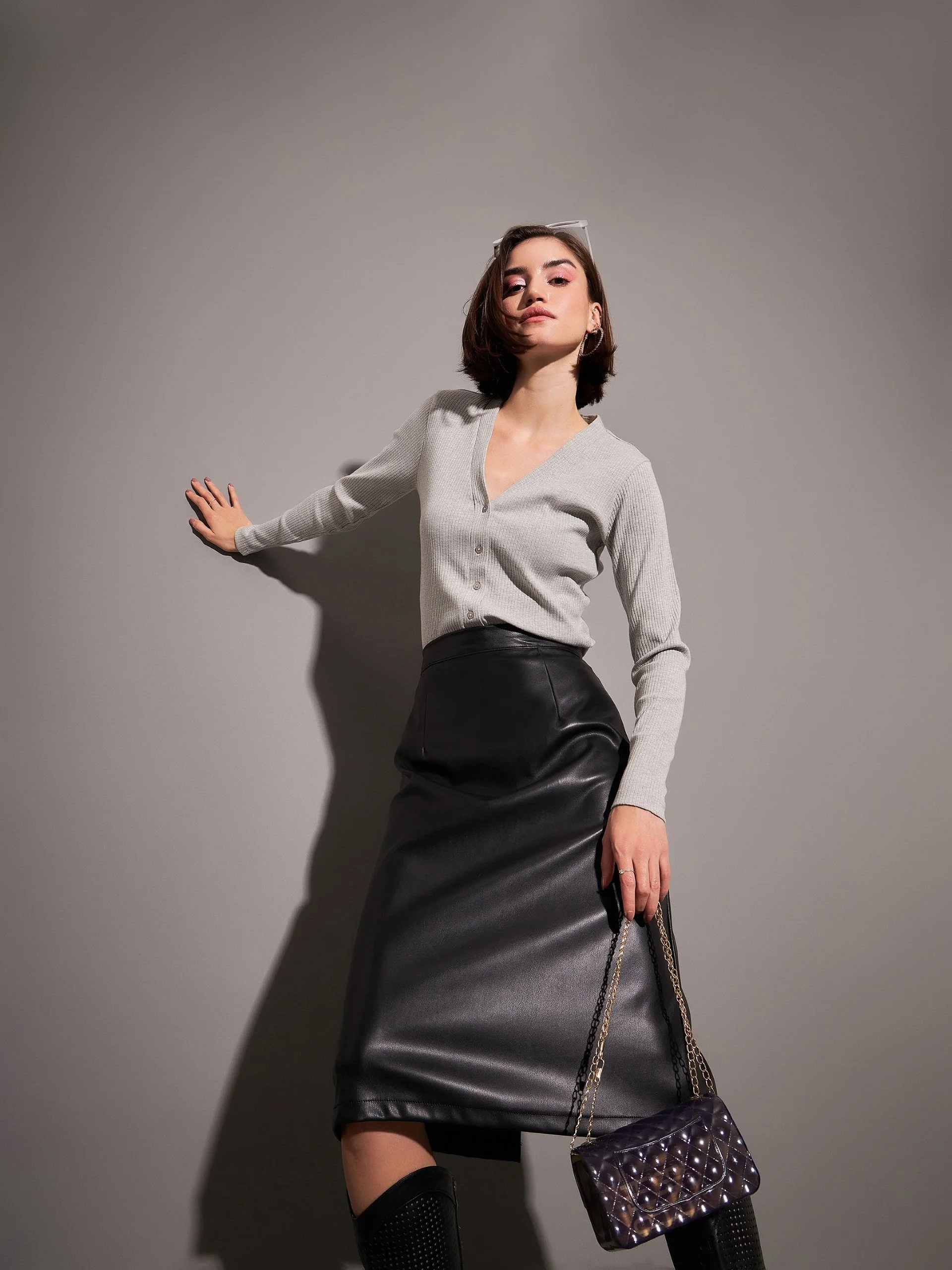 Women Grey Rib Front Open Cardigan Top - Image 6