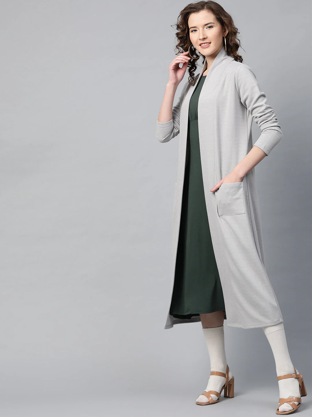 Women Grey Rib Front Open Longline Shrug - Image 2