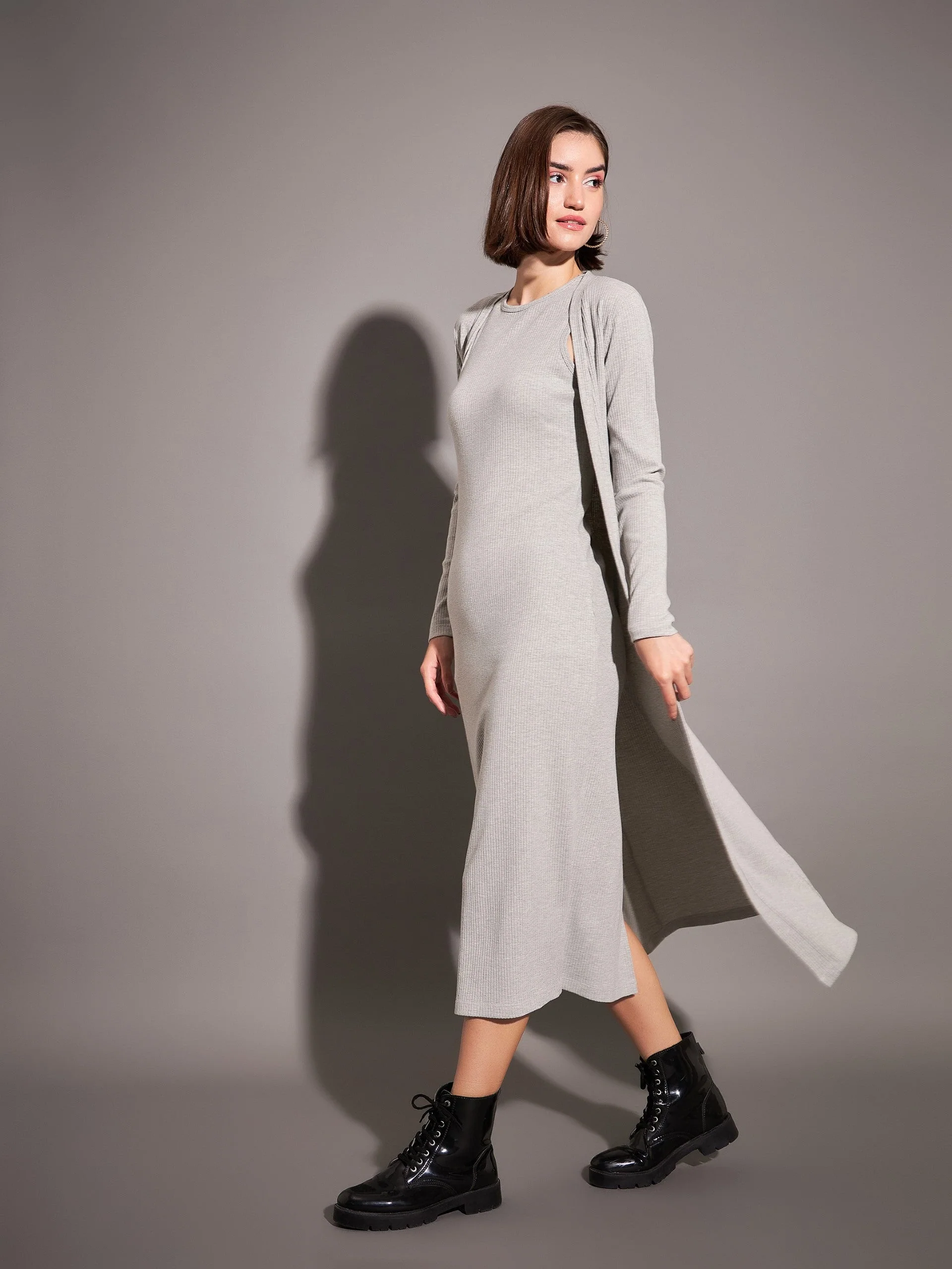 Women Grey Rib Front Open Shrug - Image 4
