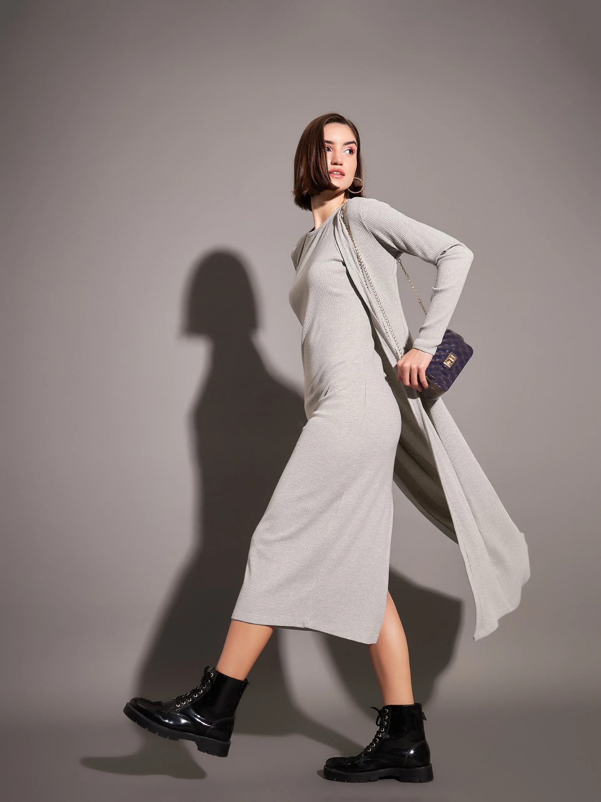 Women Grey Rib Front Open Shrug - Image 6