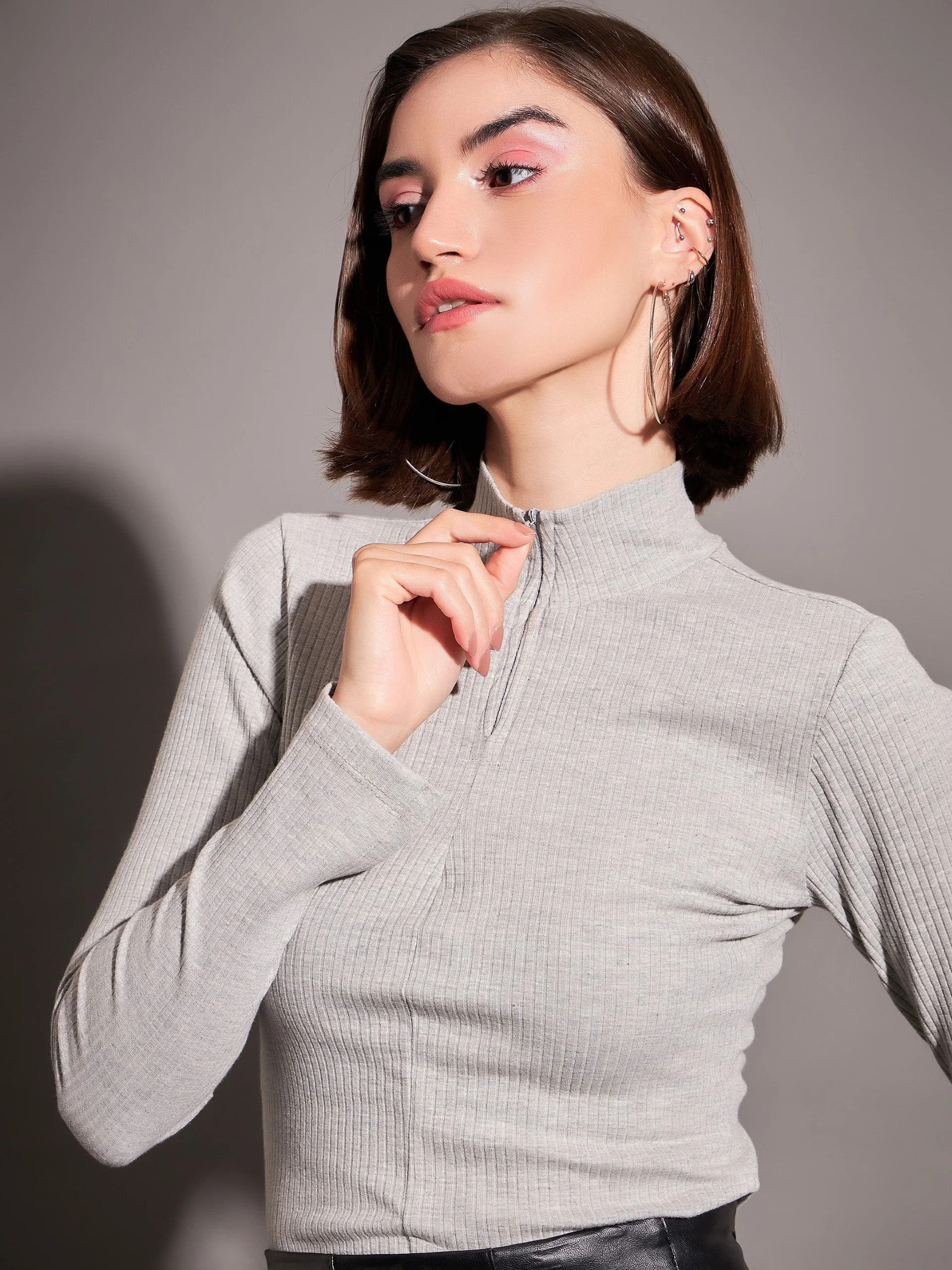Women Grey Rib High Neck Front Zipper Top - Image 4