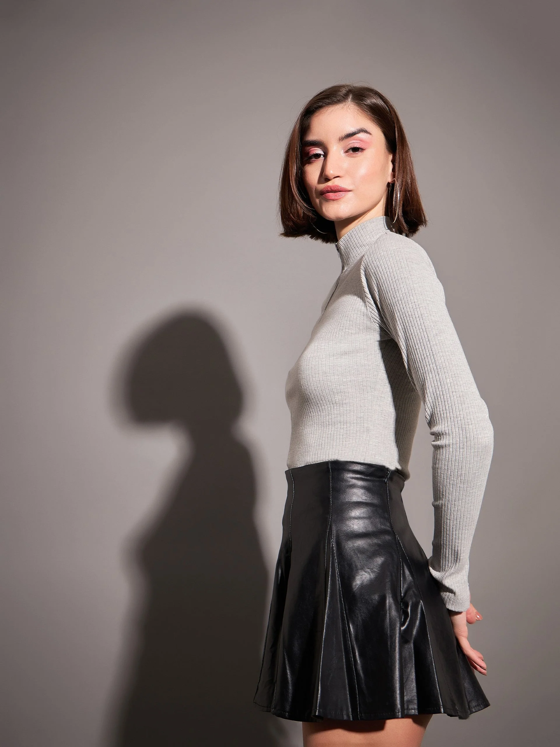 Women Grey Rib High Neck Front Zipper Top - Image 5