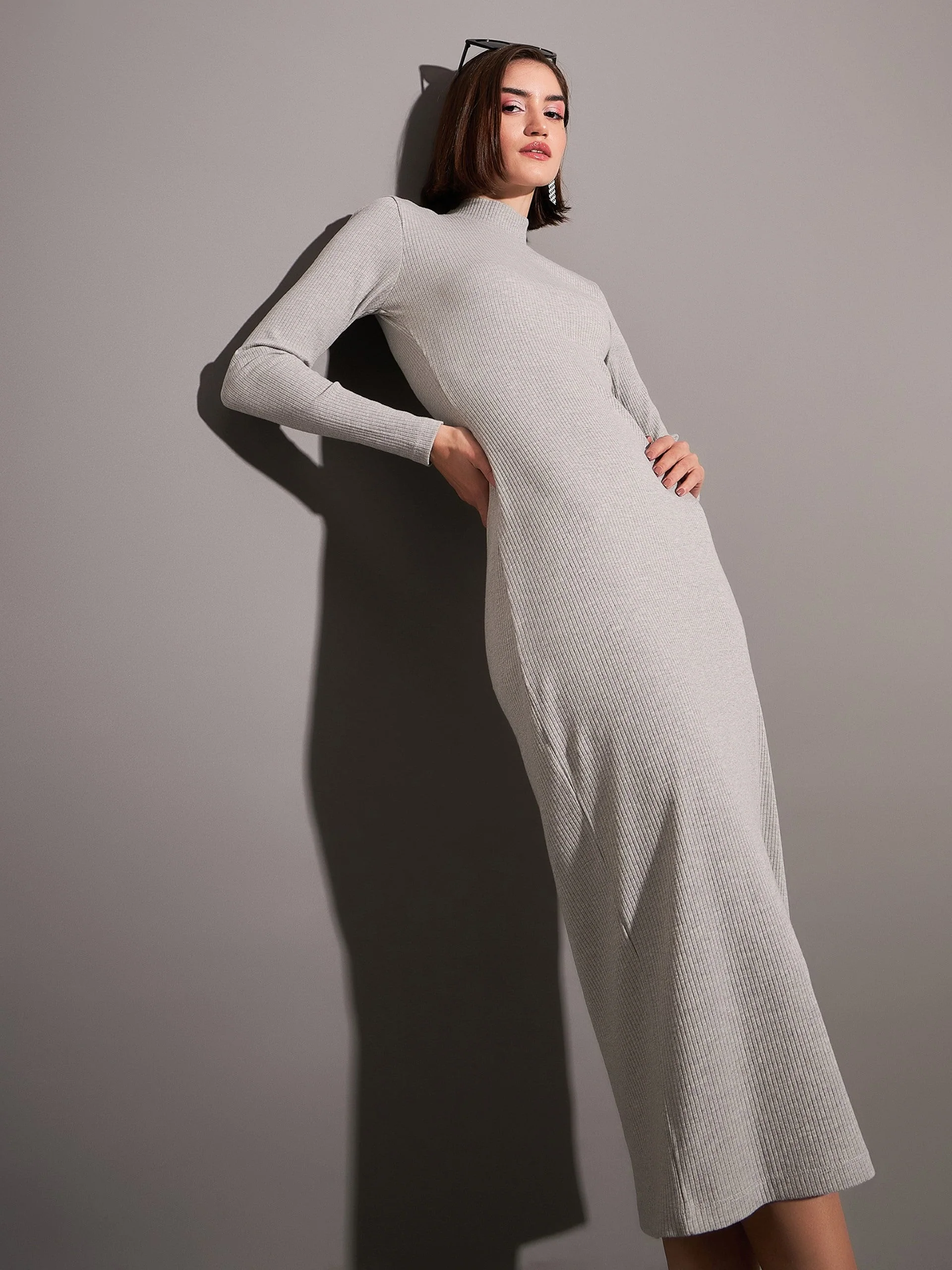 Women Grey Rib High Neck Maxi Dress - Image 3