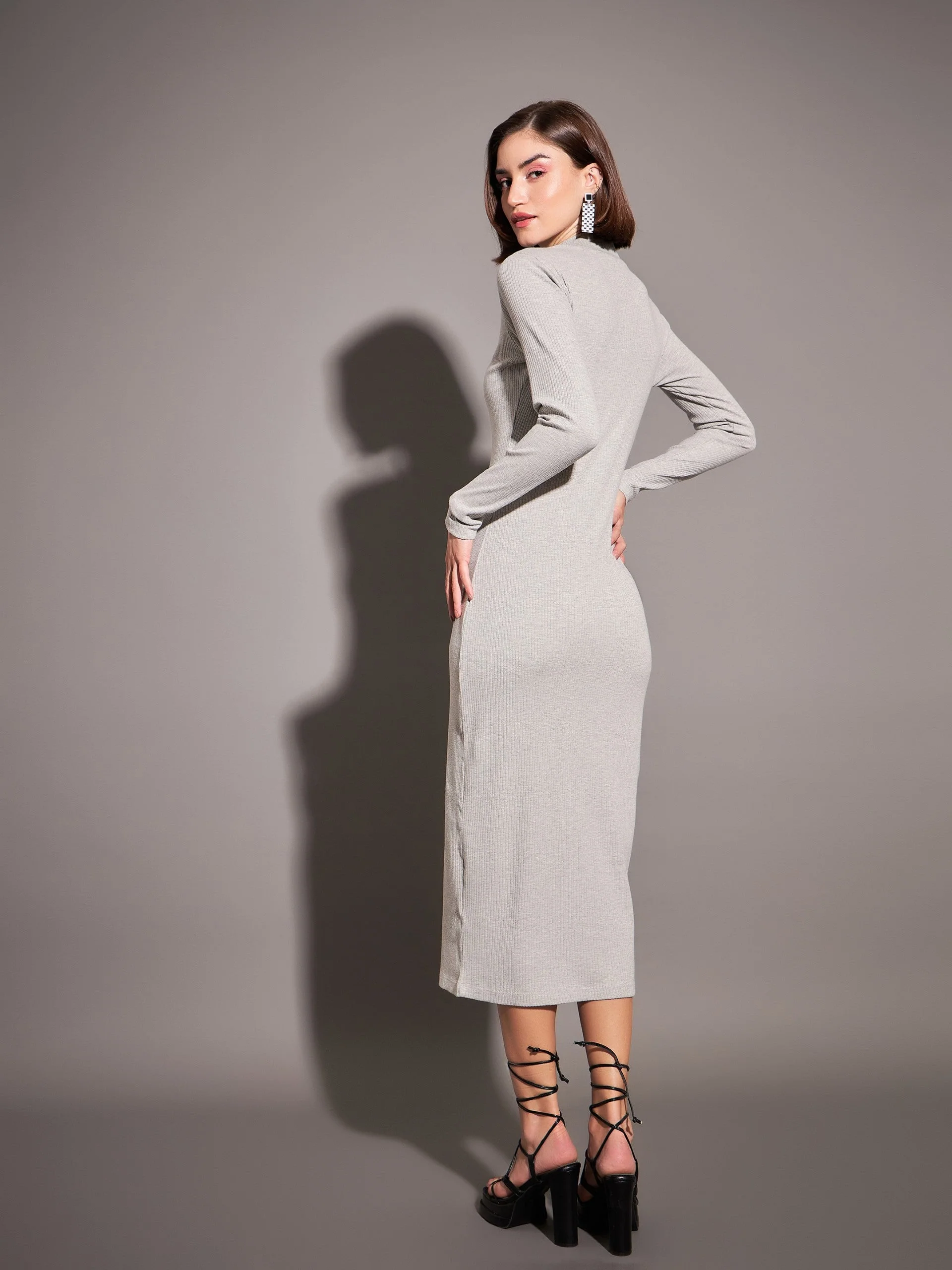 Women Grey Rib High Neck Maxi Dress - Image 5