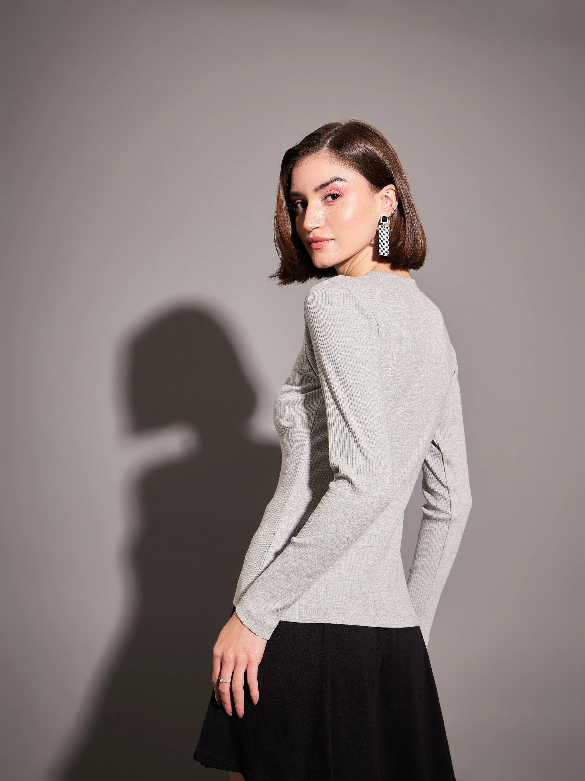 Women Grey Rib High Neck Top - Image 2