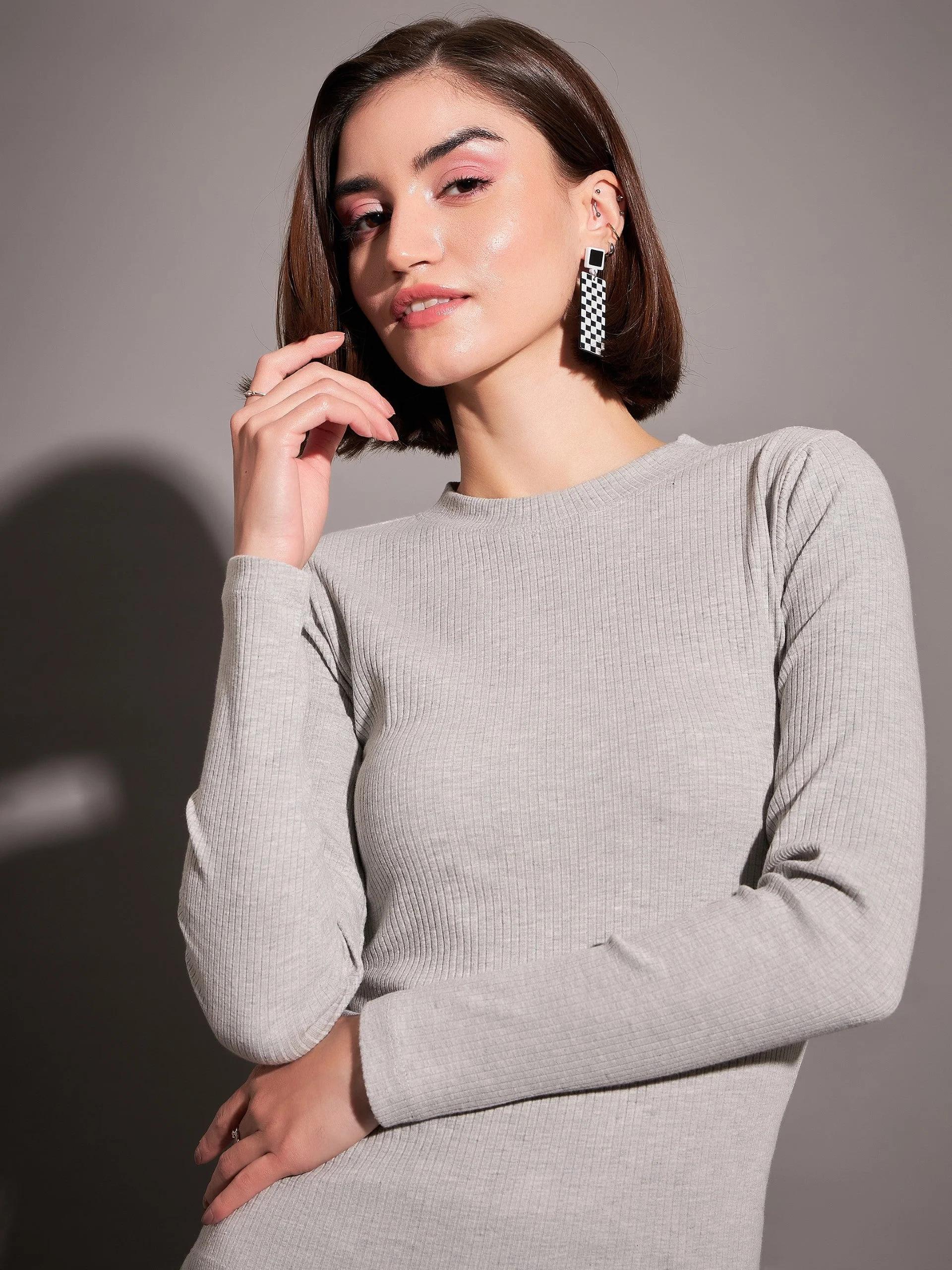 Women Grey Rib High Neck Top - Image 3