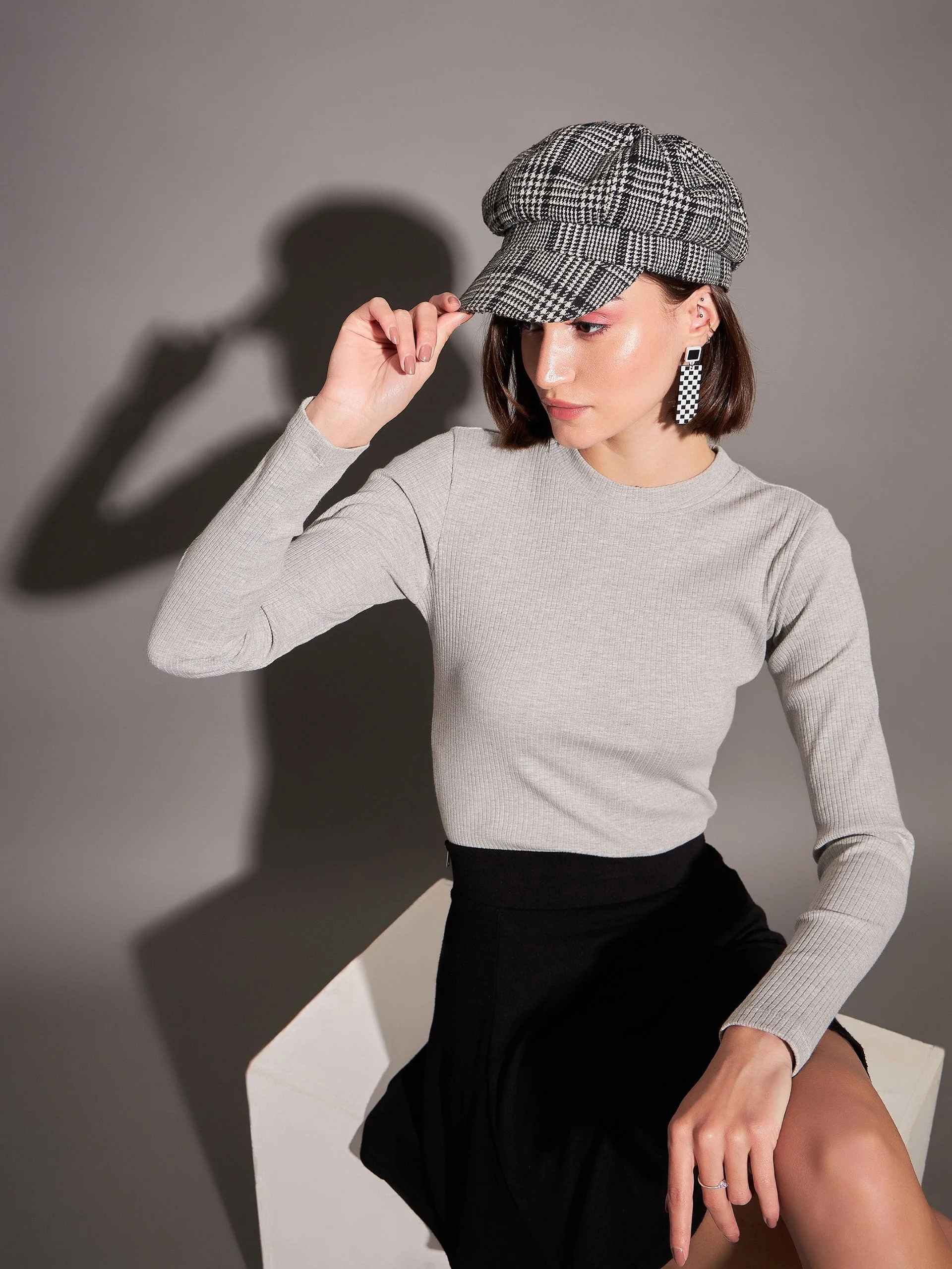 Women Grey Rib High Neck Top - Image 4