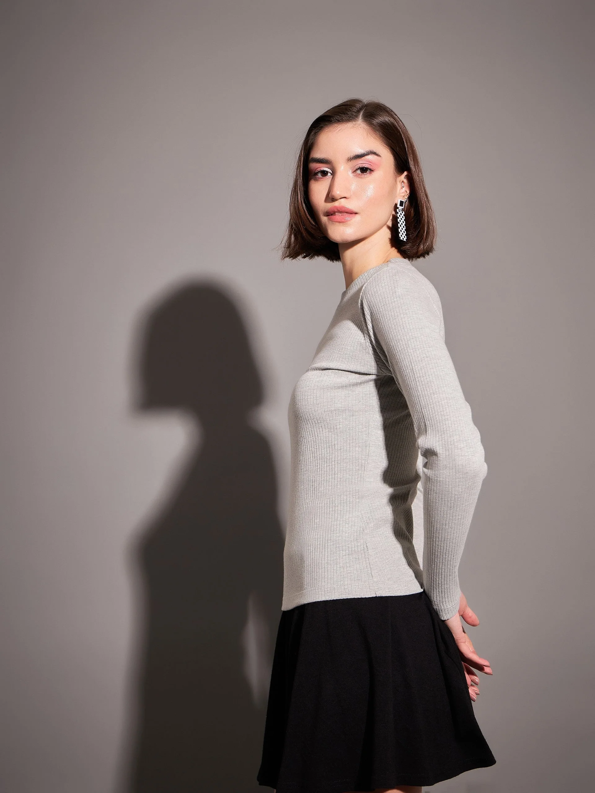 Women Grey Rib High Neck Top - Image 6