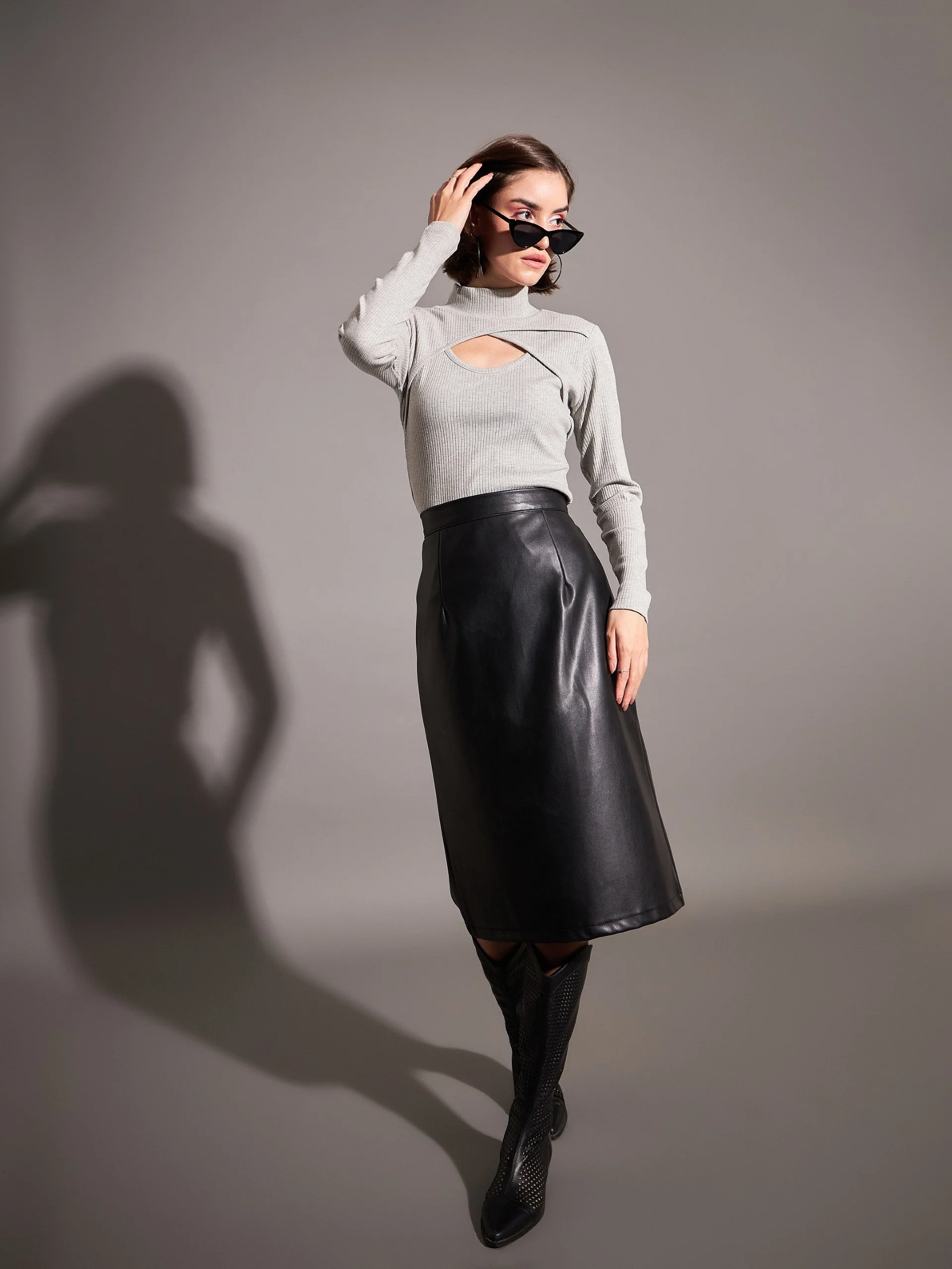Women Grey Rib Moon Cut Top - Image 2