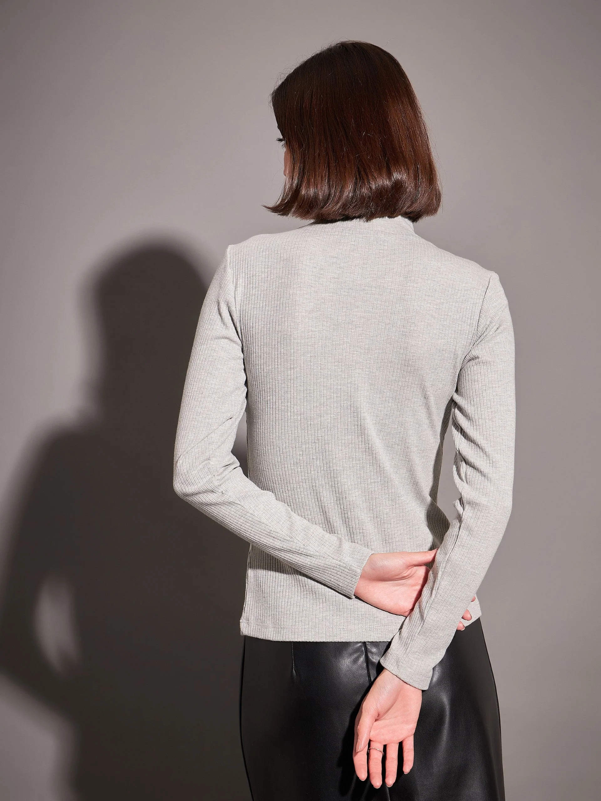 Women Grey Rib Moon Cut Top - Image 5