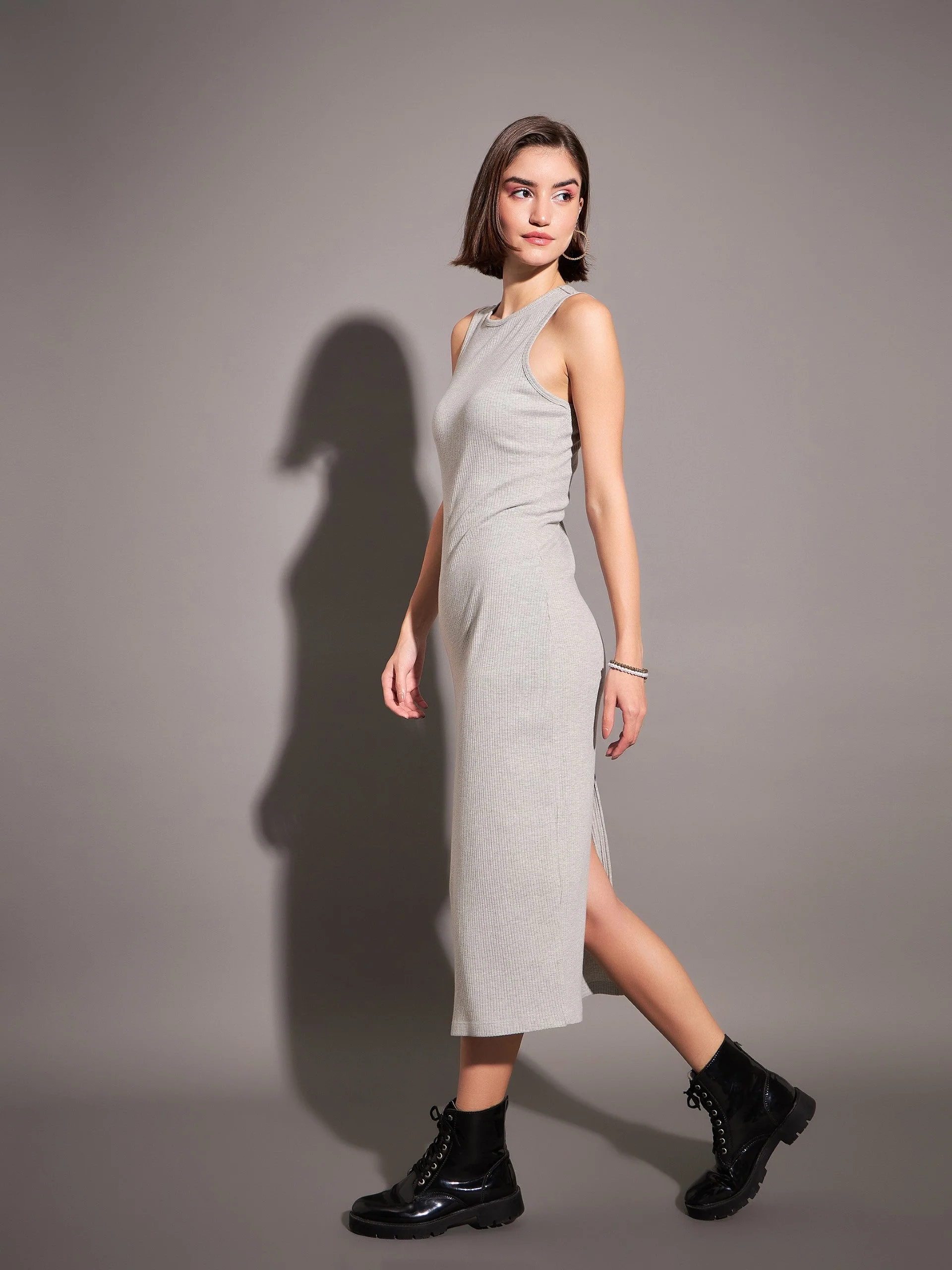 Women Grey Rib Sleeveless Bodycon Dress - Image 3