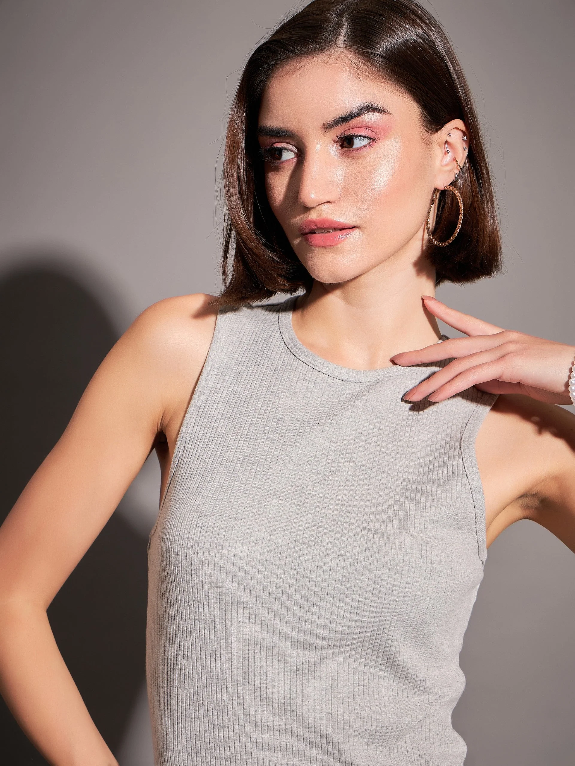 Women Grey Rib Sleeveless Bodycon Dress - Image 4