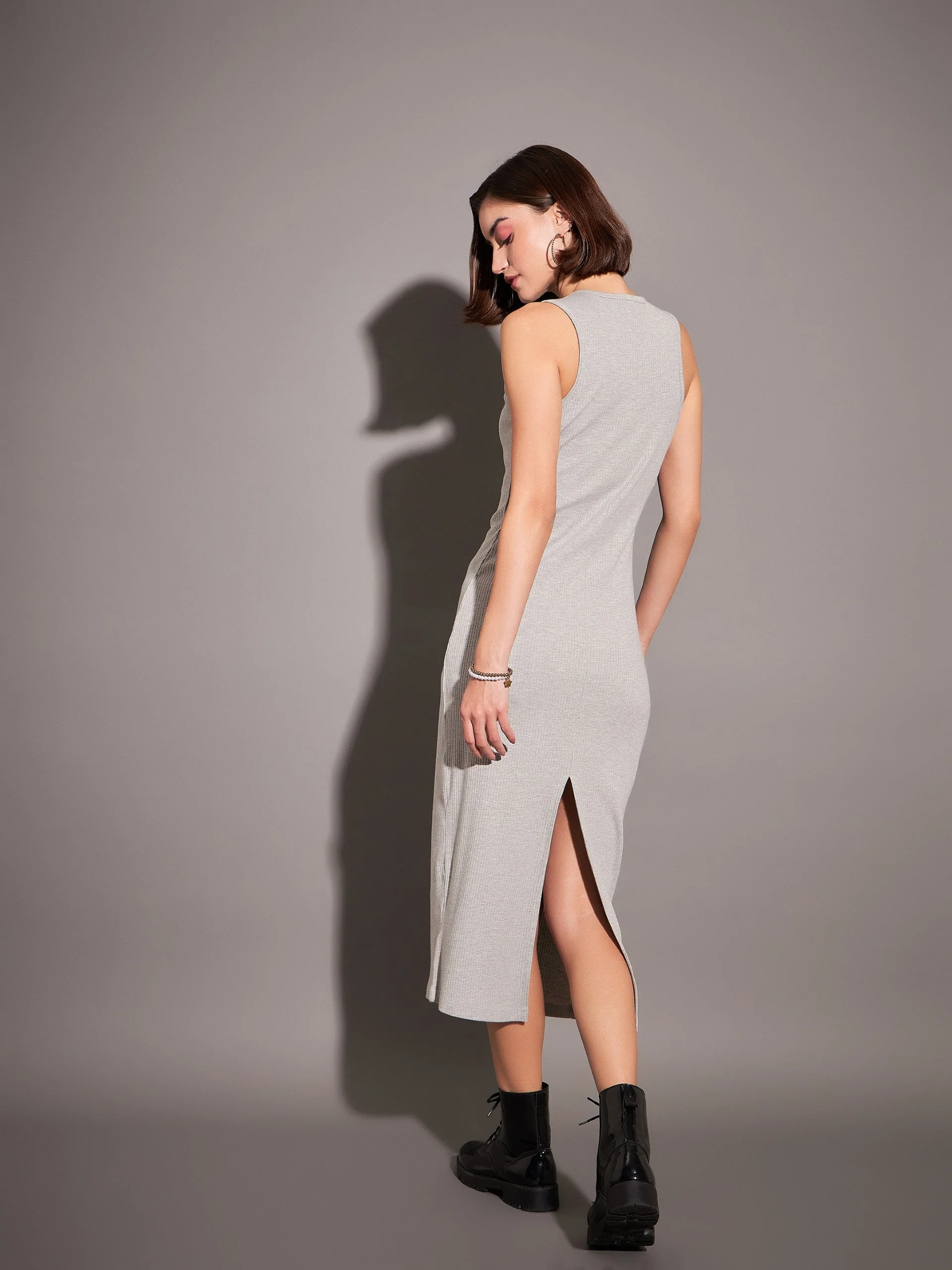 Women Grey Rib Sleeveless Bodycon Dress - Image 5