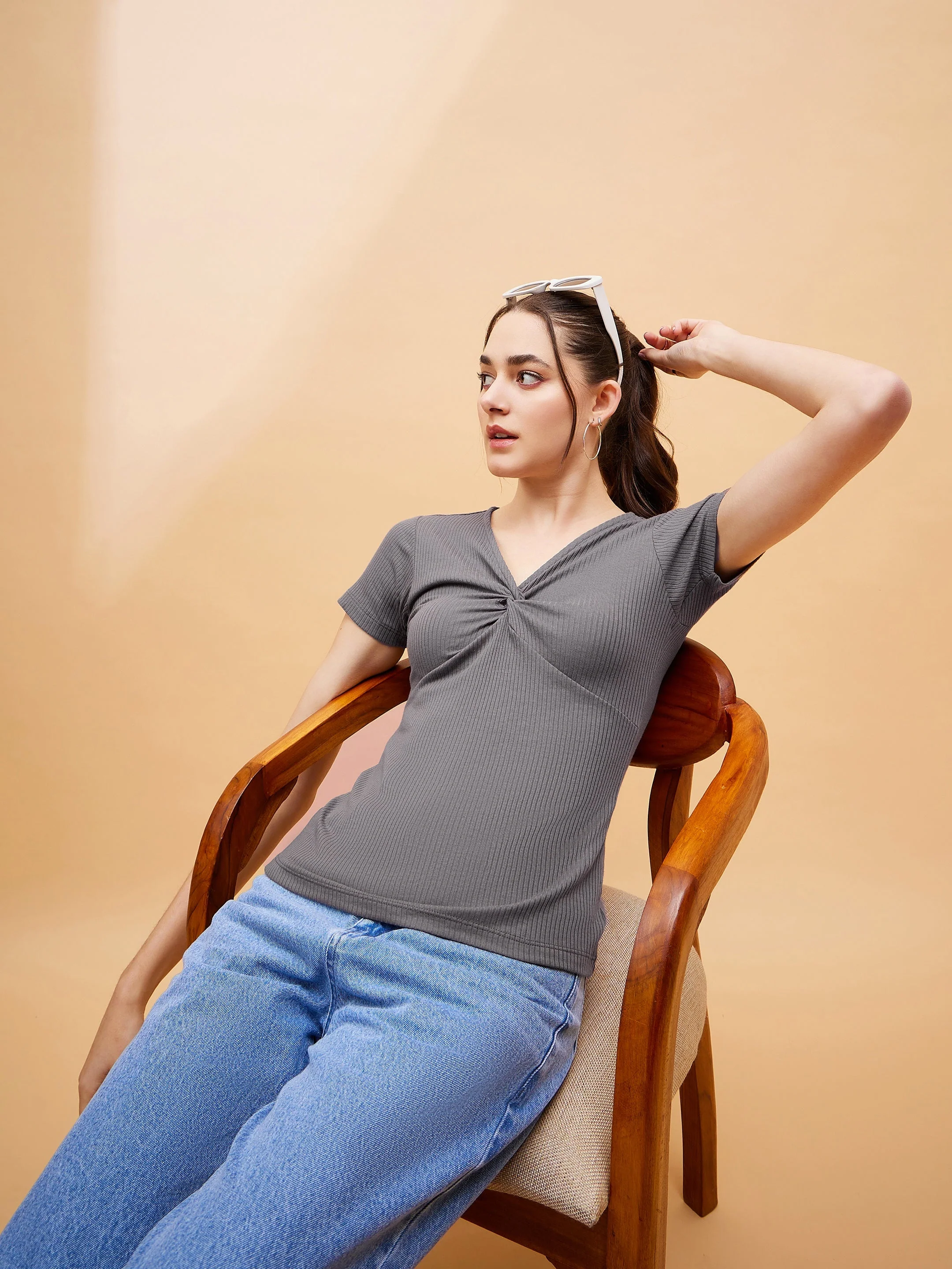 Women Grey Rib Twisted Neck Top - Image 2