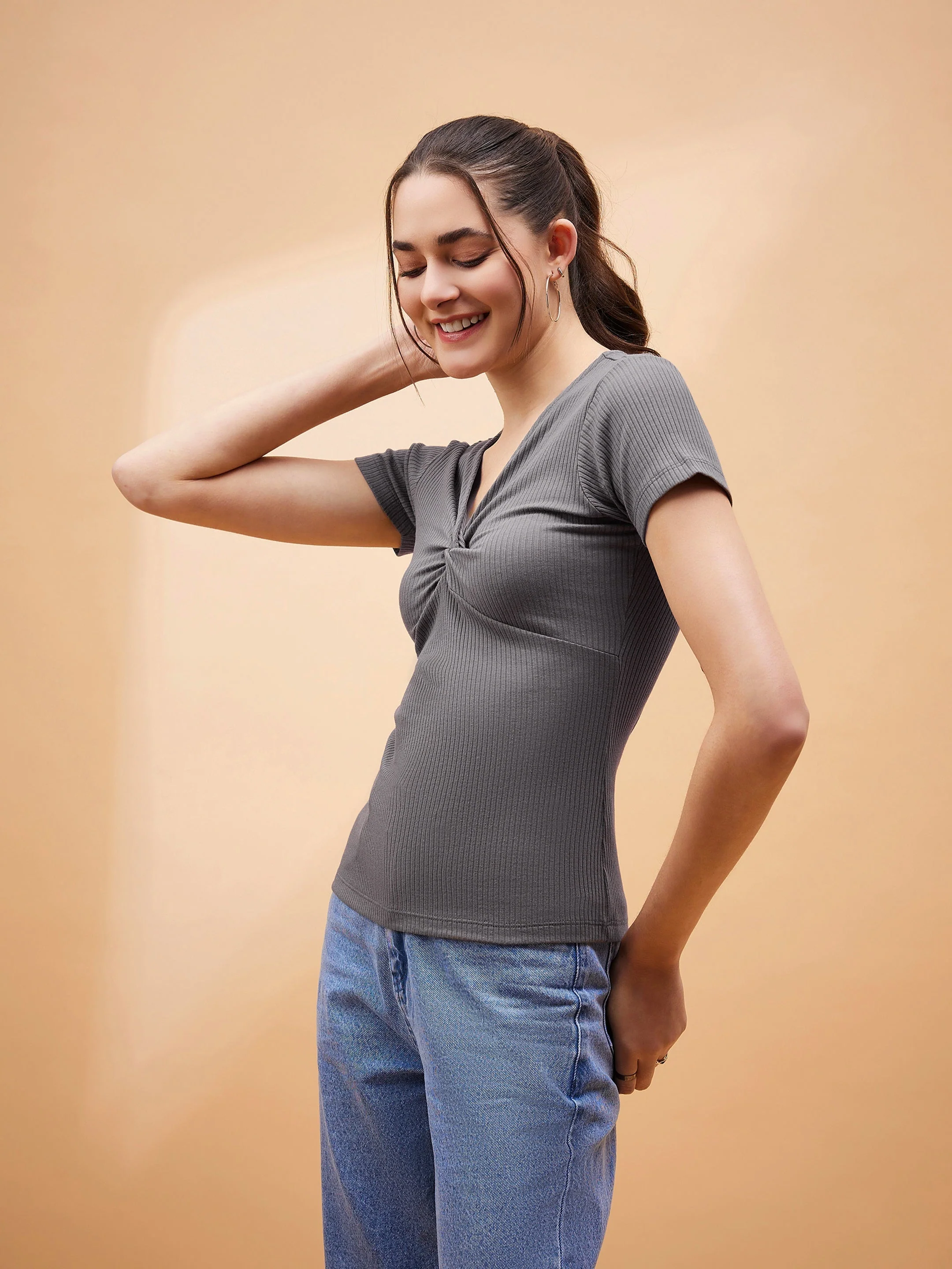Women Grey Rib Twisted Neck Top - Image 3