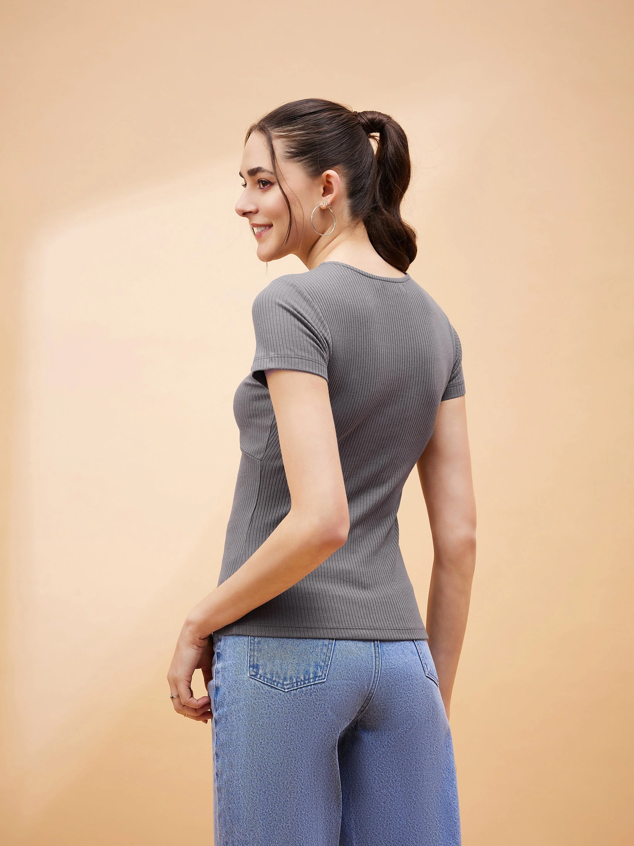 Women Grey Rib Twisted Neck Top - Image 5