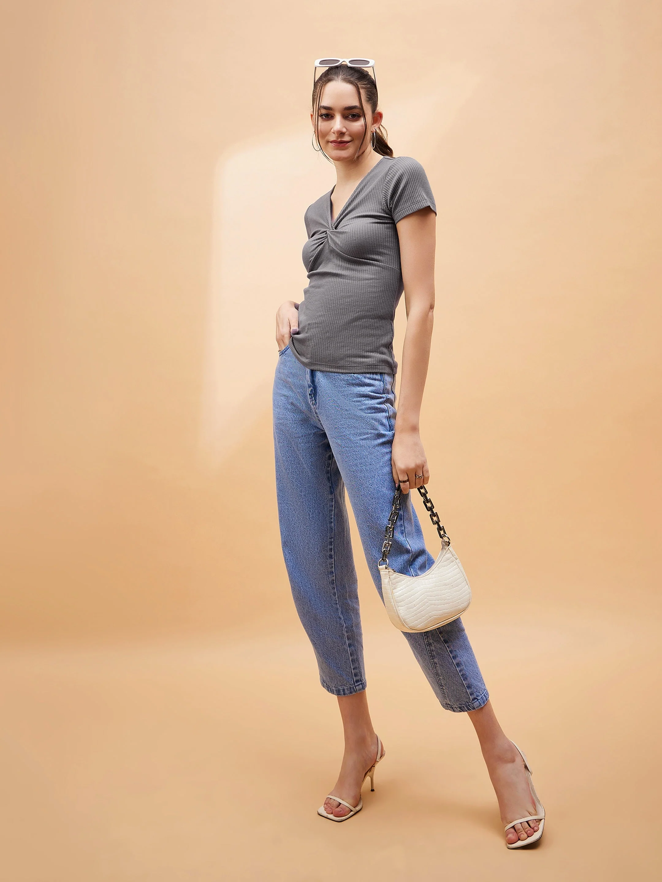 Women Grey Rib Twisted Neck Top - Image 6