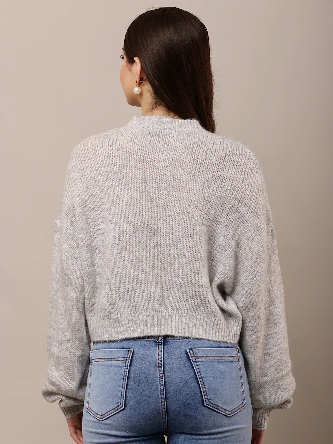 Women Grey Round Neck Full Sleeve Sweater - Image 4