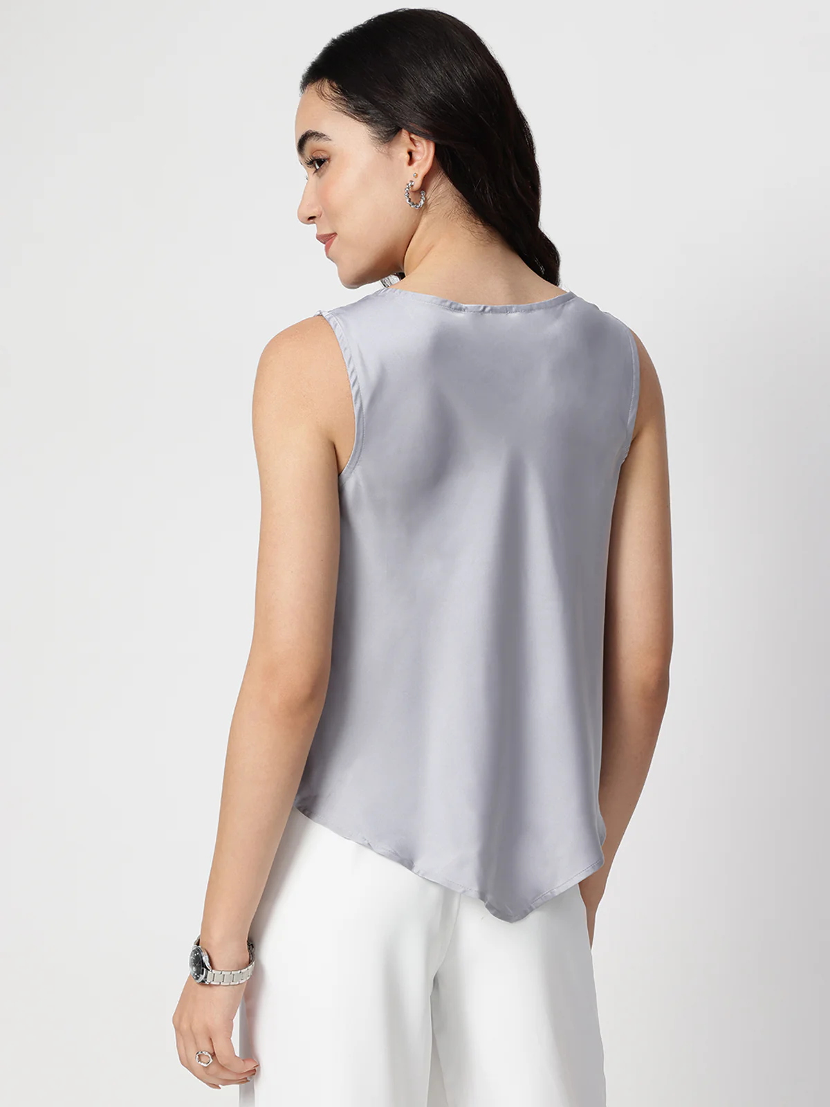 Women Grey Satin Cowl Neck Top - Image 2