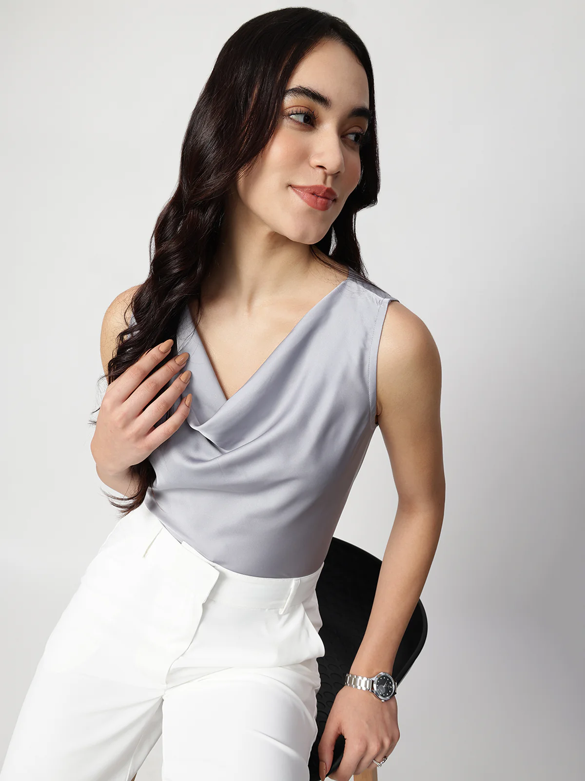 Women Grey Satin Cowl Neck Top - Image 3