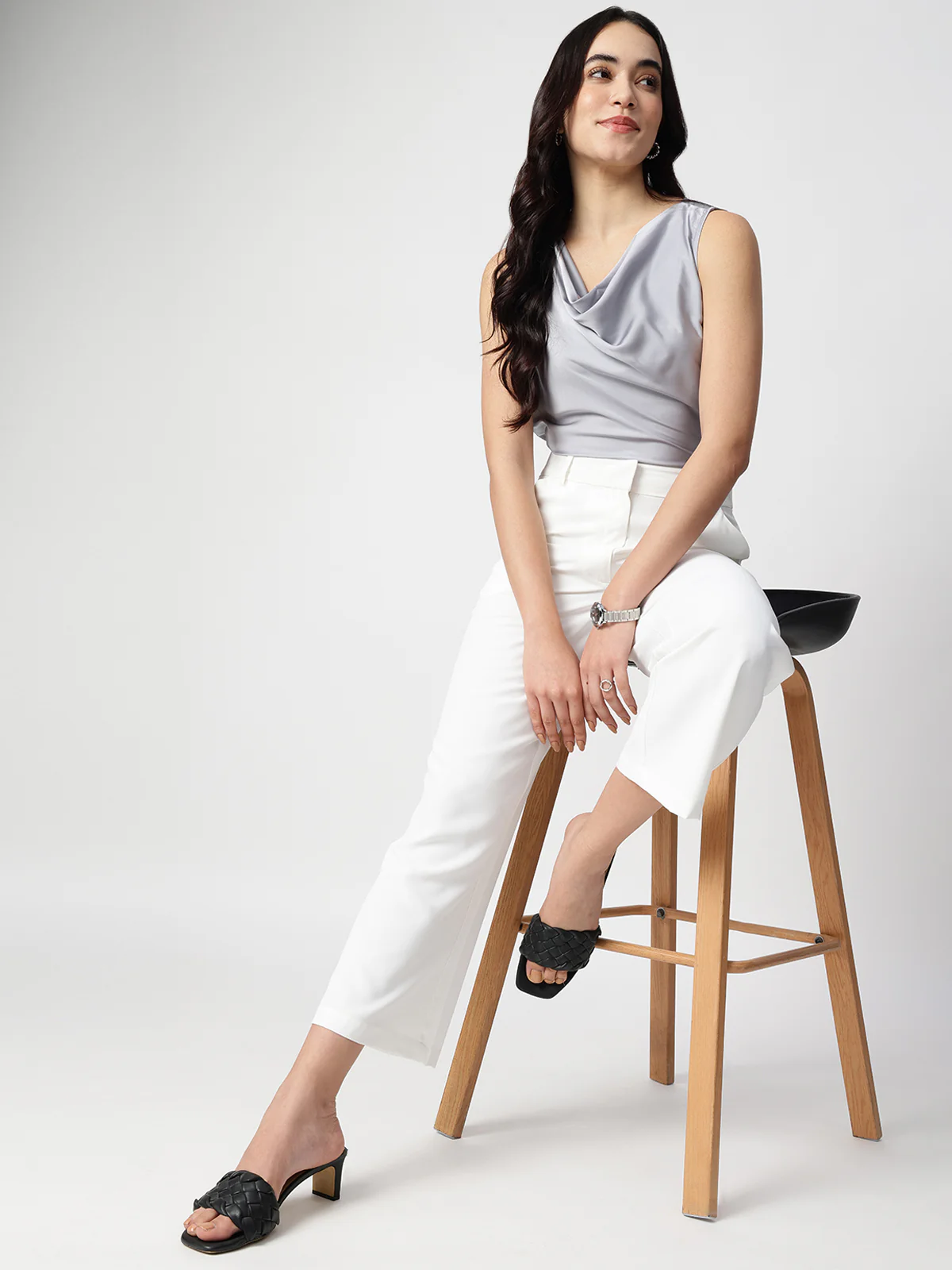Women Grey Satin Cowl Neck Top - Image 6
