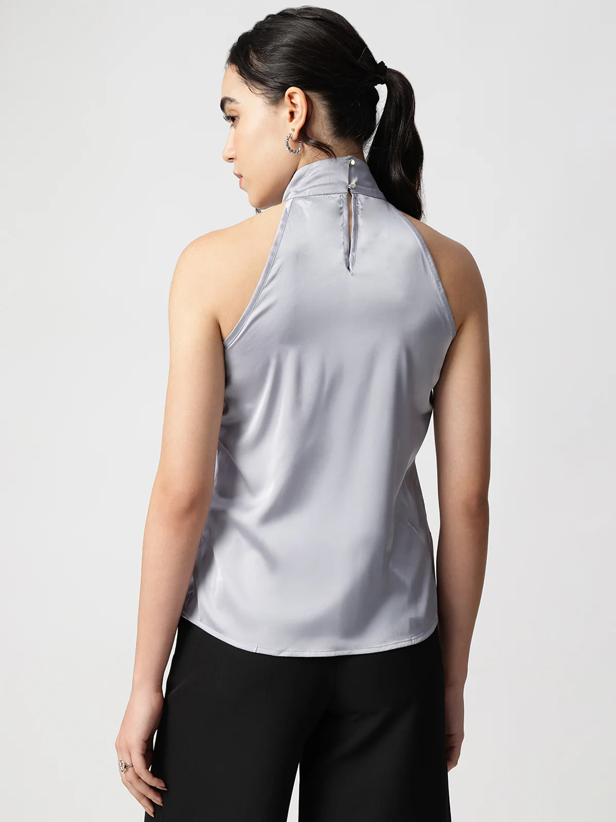 Women Grey Satin Halter Neck Top - Image 2