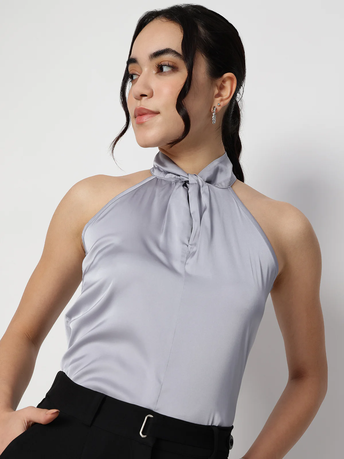 Women Grey Satin Halter Neck Top - Image 3