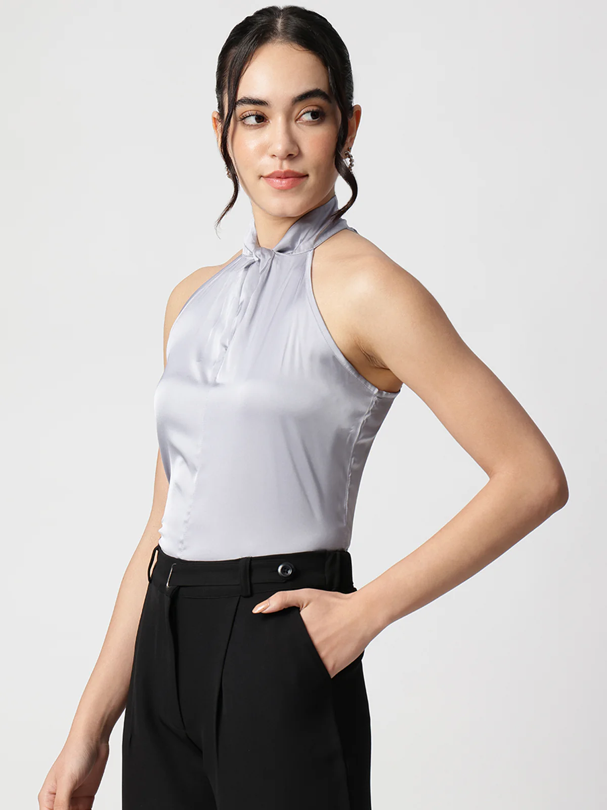 Women Grey Satin Halter Neck Top - Image 4