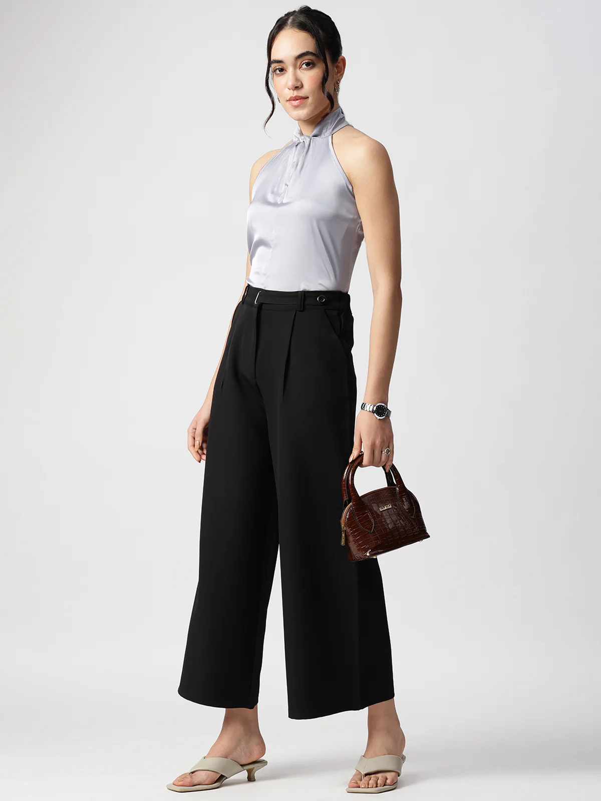 Women Grey Satin Halter Neck Top - Image 6